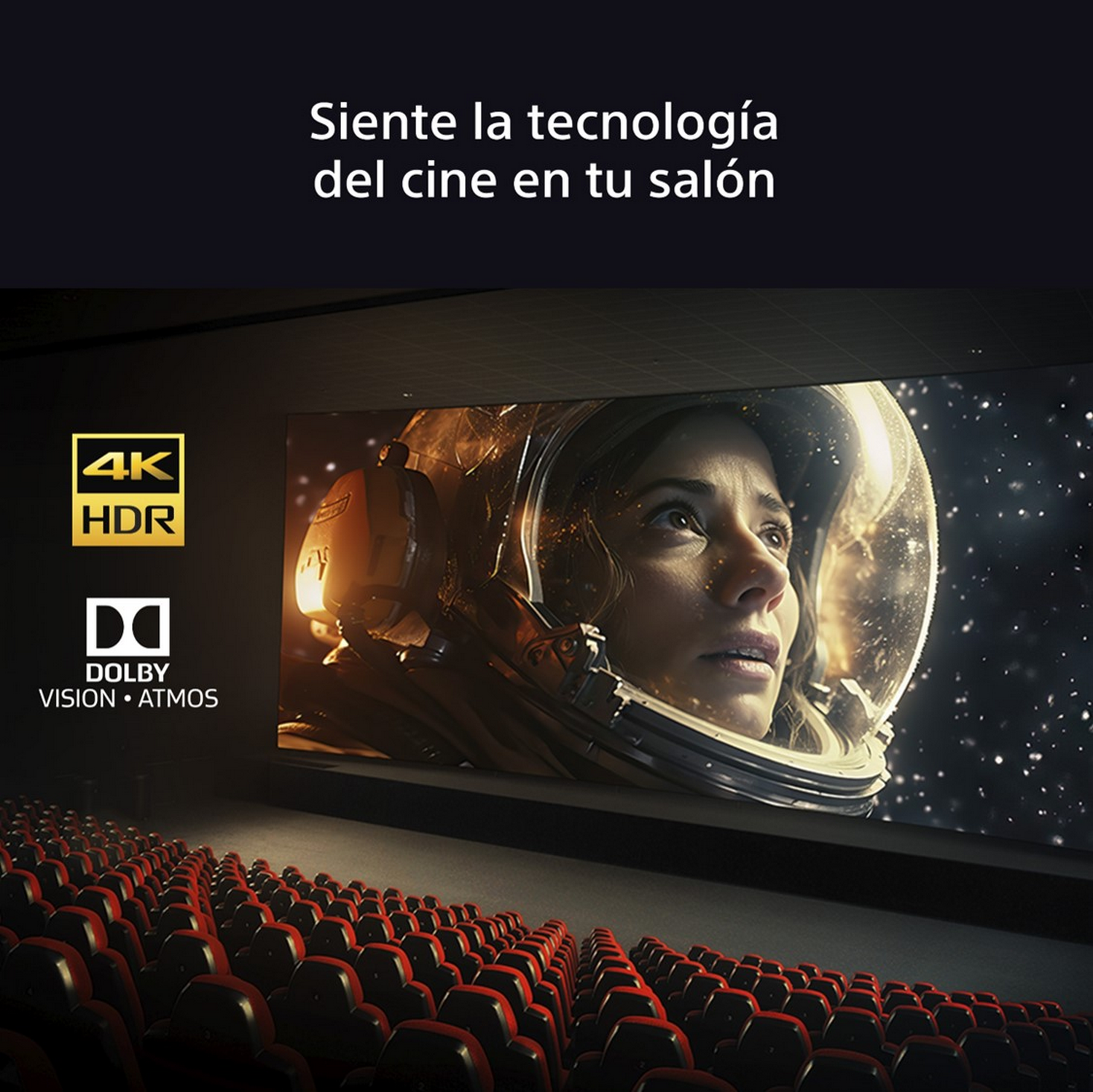 Imagen muestra a una mujer con traje espacial viendo una película en una gran pantalla de TV en un cine.