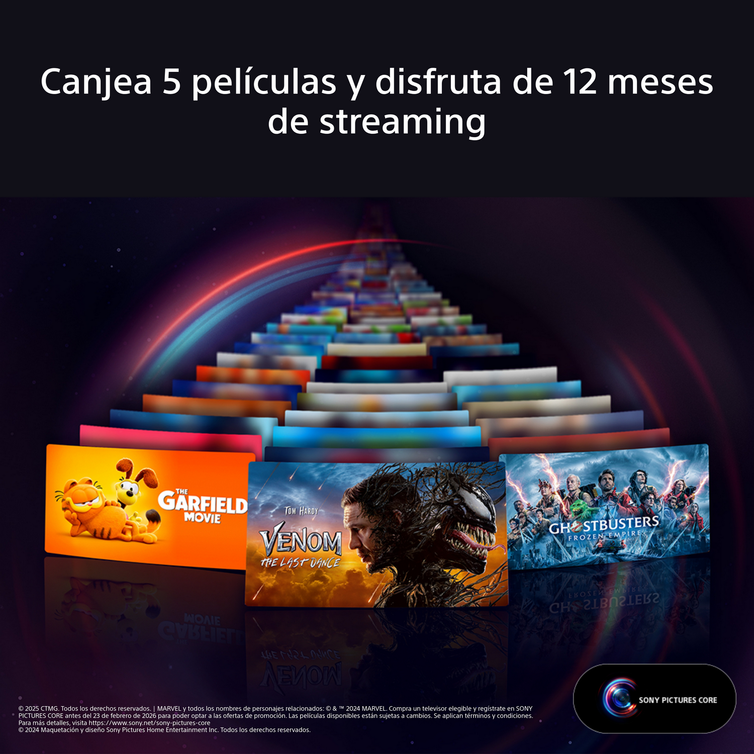 Imagen promocional. Texto: Canjea 5 películas y disfruta 12 meses streaming. Miniaturas de películas.