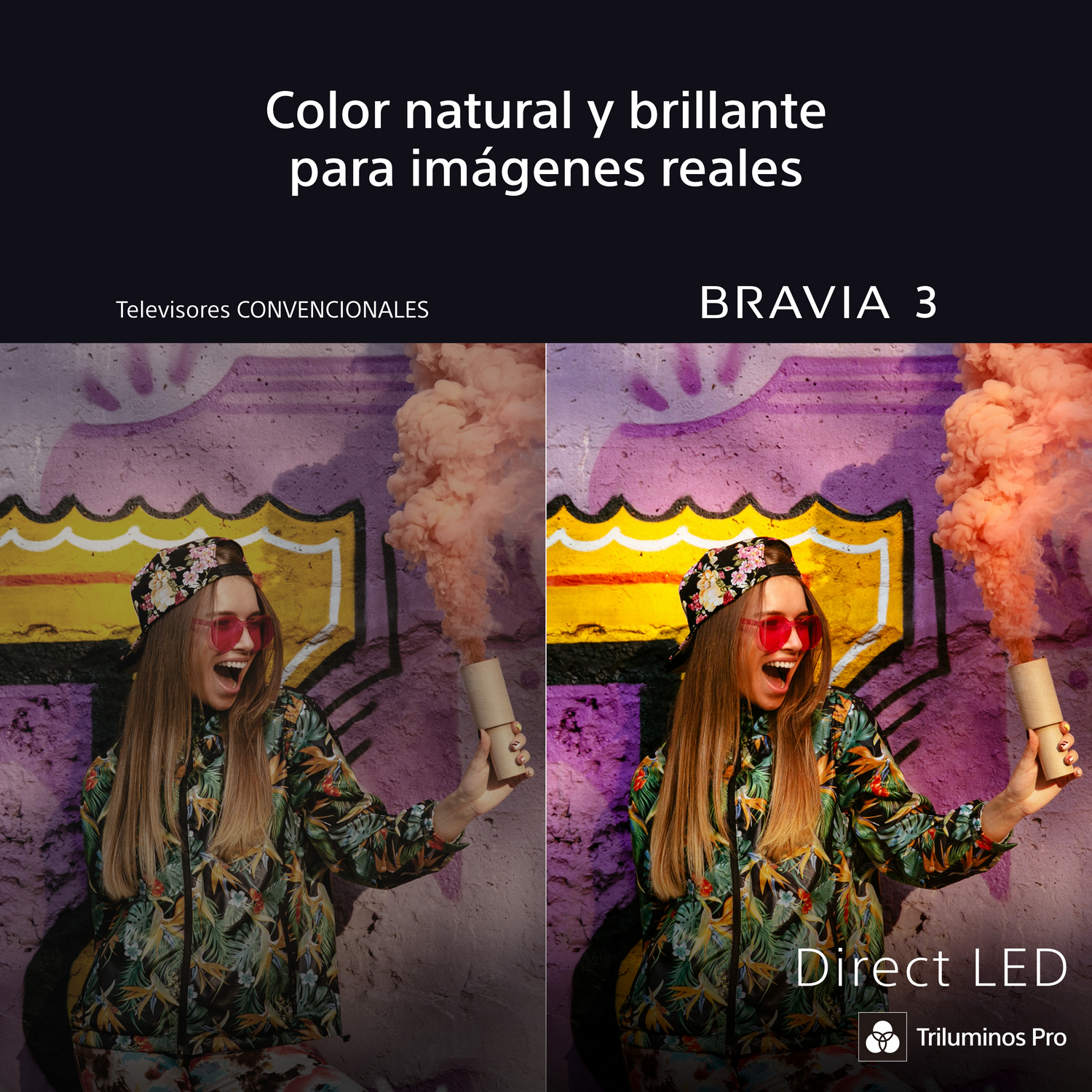 Mujer con gafas rosas sosteniendo una bengala de humo. Izquierda TV normal, derecha Bravia 3.