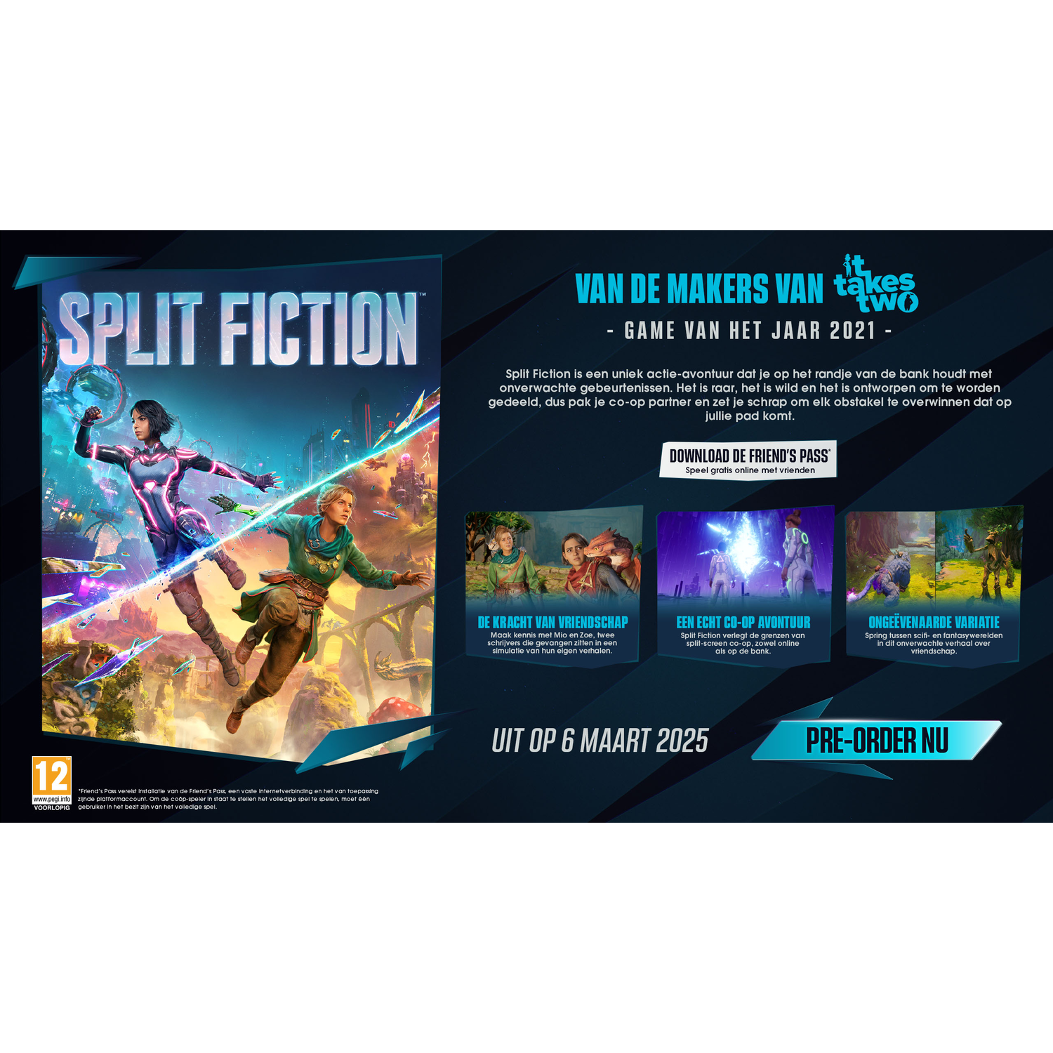 Promotional graphic for the video game Split Fiction, featuring two characters and game details.