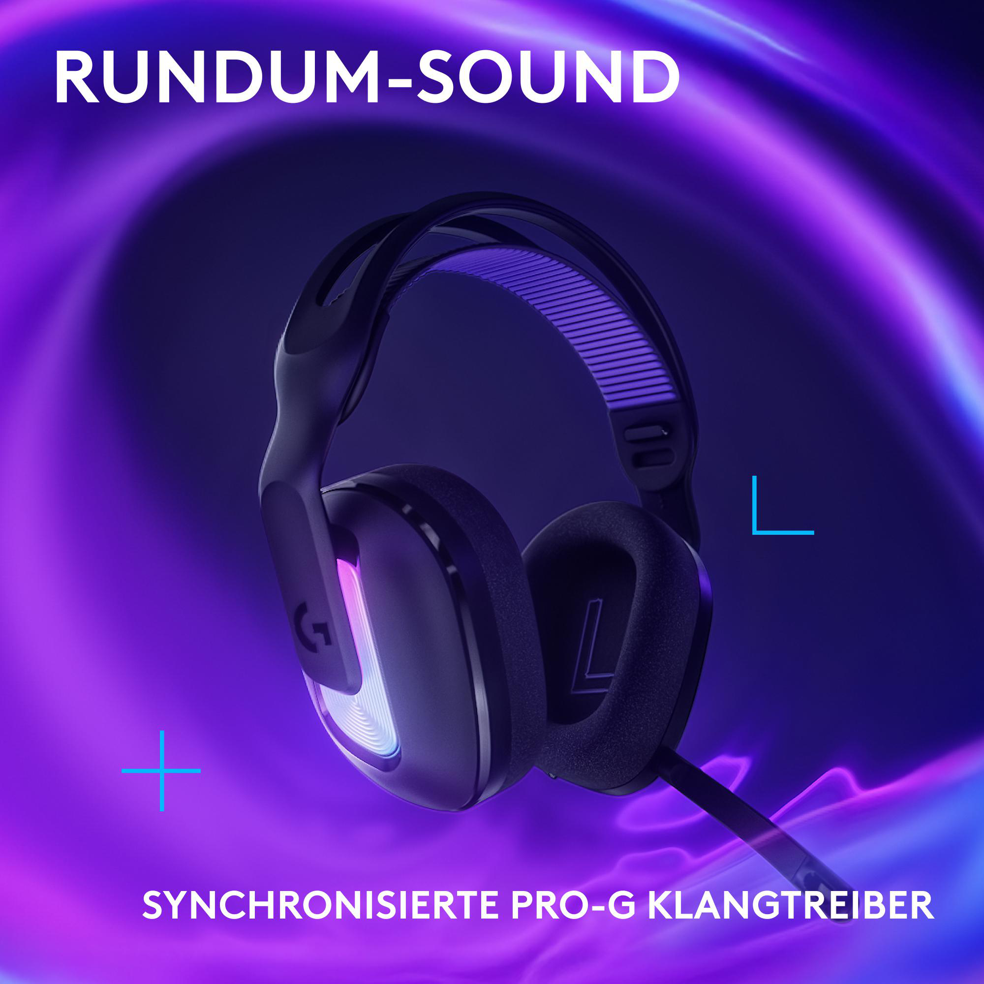 Schwarzes Headset mit lila Akzenten. Text: Rundum-Sound, Synchronisierte Pro-G Klangtreiber.