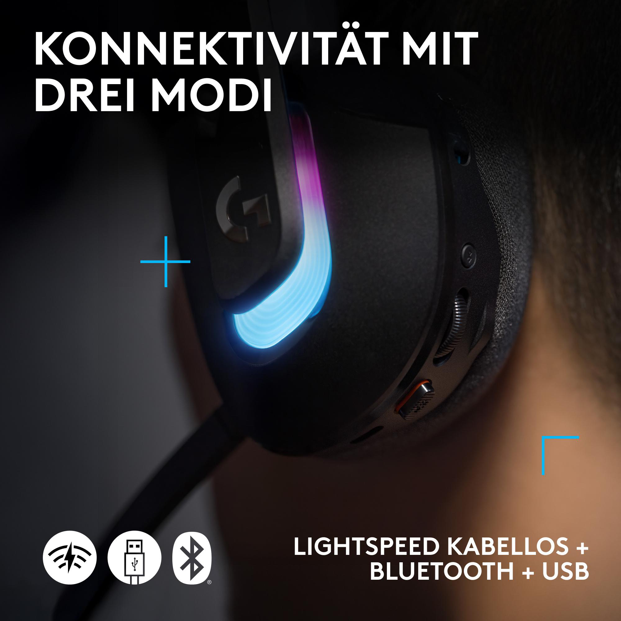 Nahaufnahme eines Headsets. Text: Konnektivität mit drei Modi, Lightspeed kabellos + Bluetooth + USB.