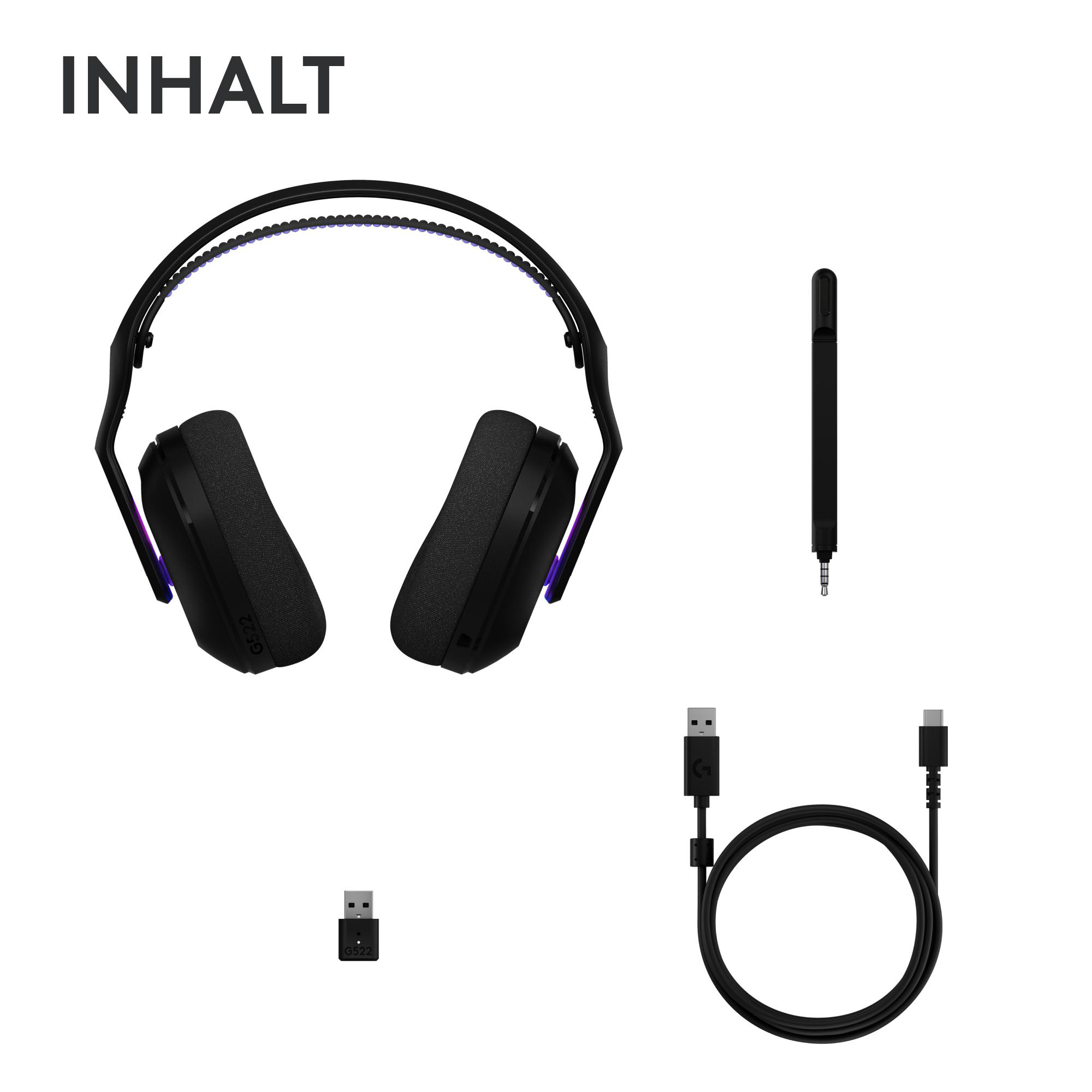 Headset mit Zubehör: Ladekabel, USB-Dongle und ein Kabel mit Anschluss.