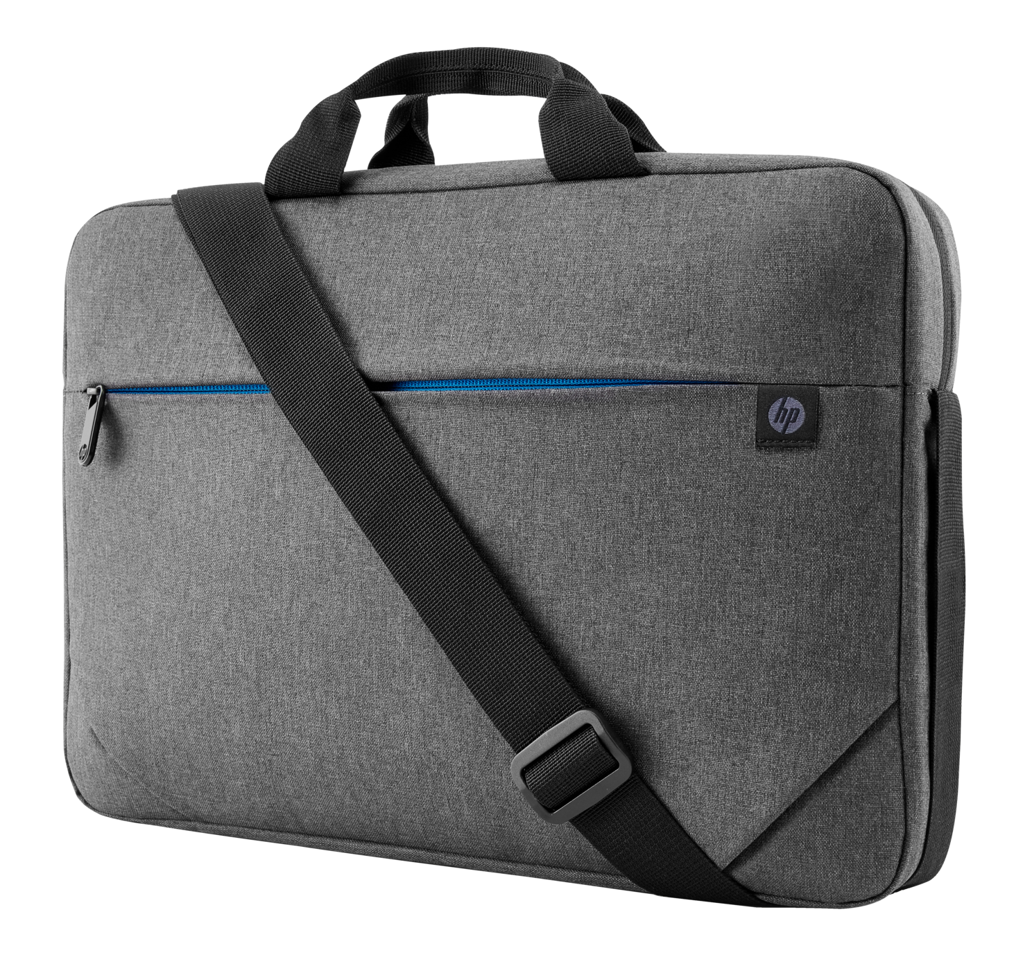 Szara torba na laptopa HP z czarnym paskiem i niebieskim zamkiem. Logo HP na torbie.