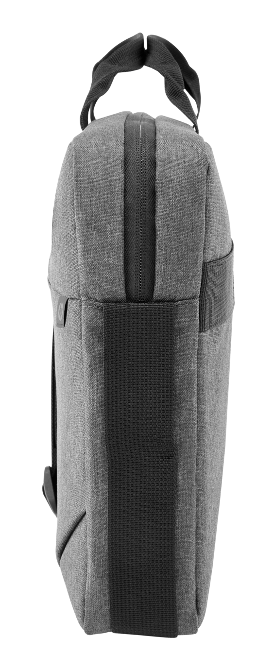 Widok z boku szarej torby na laptopa z uchwytem i czarnym paskiem.