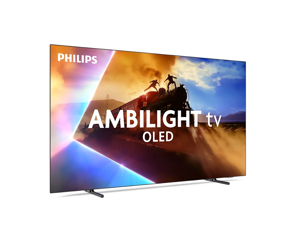 Philips Ambilight TV, das eine Szene mit einem Zug und Figuren auf einer Brücke zeigt.