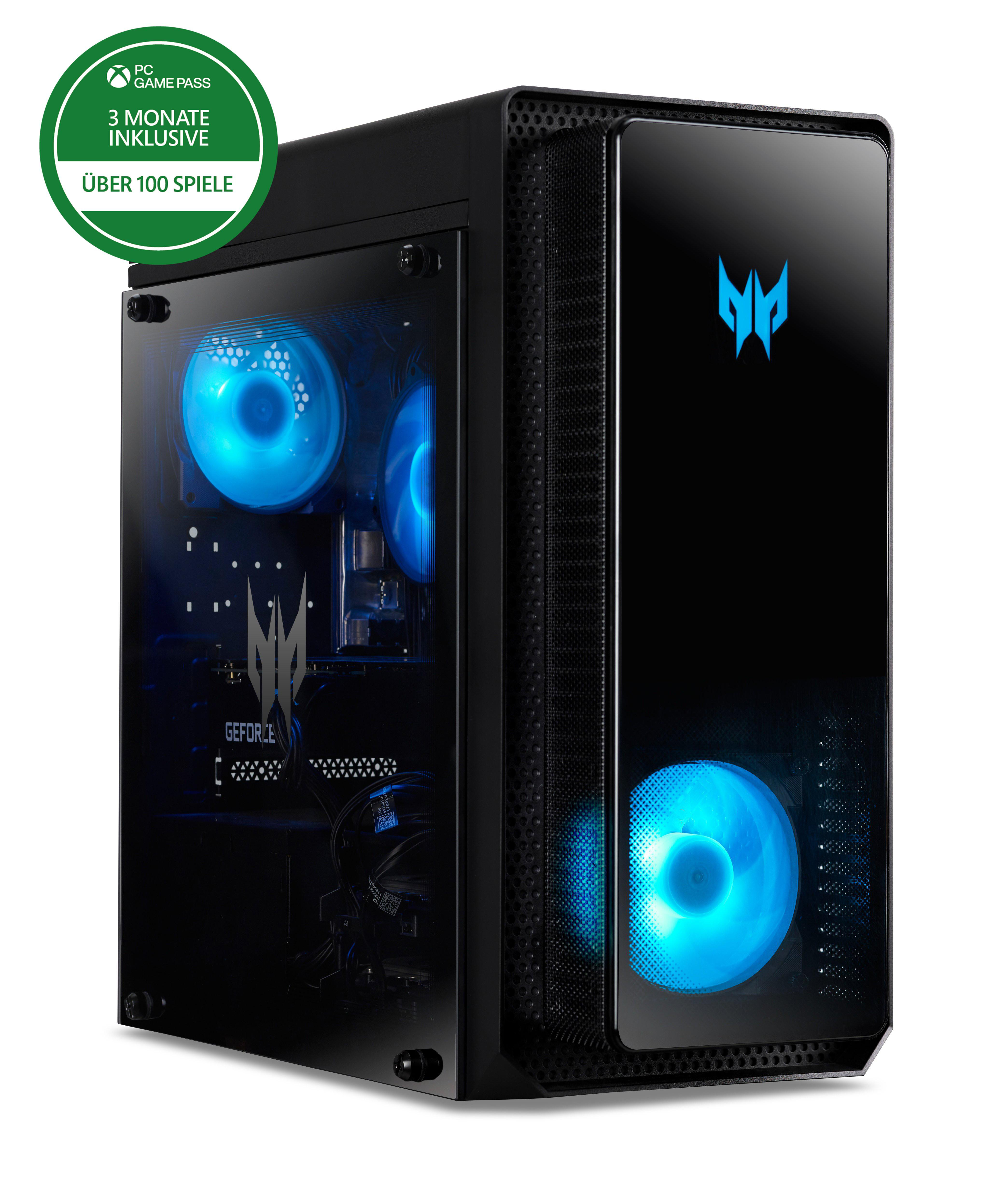 Schwarzer Gaming-PC mit blauen Lichtern, Glas-Seitenwand und grünem Xbox Game Pass-Aufkleber. Predator-Logo sichtbar.
