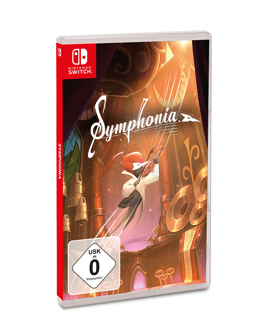 Spielbox für Symphonia. Eine Figur spielt auf dem Cover eine Geige. Der Hintergrund hat goldene Strukturen.
