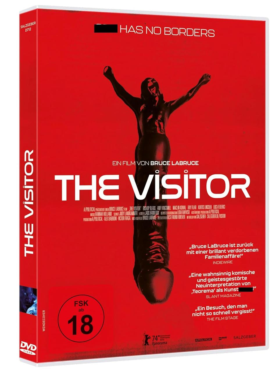 DVD-Cover für "The Visitor" mit rotem Hintergrund und einer schwarzen Silhouette.