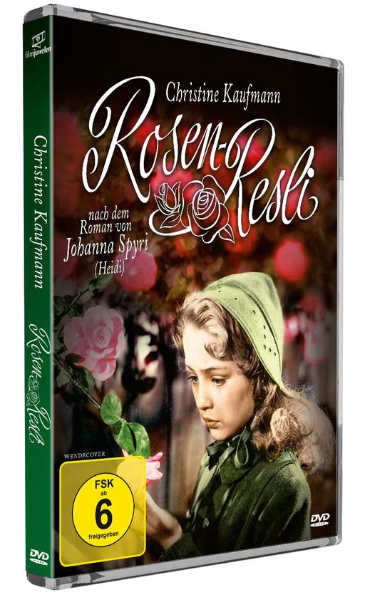 DVD-Cover von Rosen-Resli, eine junge Frau hält eine Rose, dunkler Hintergrund.