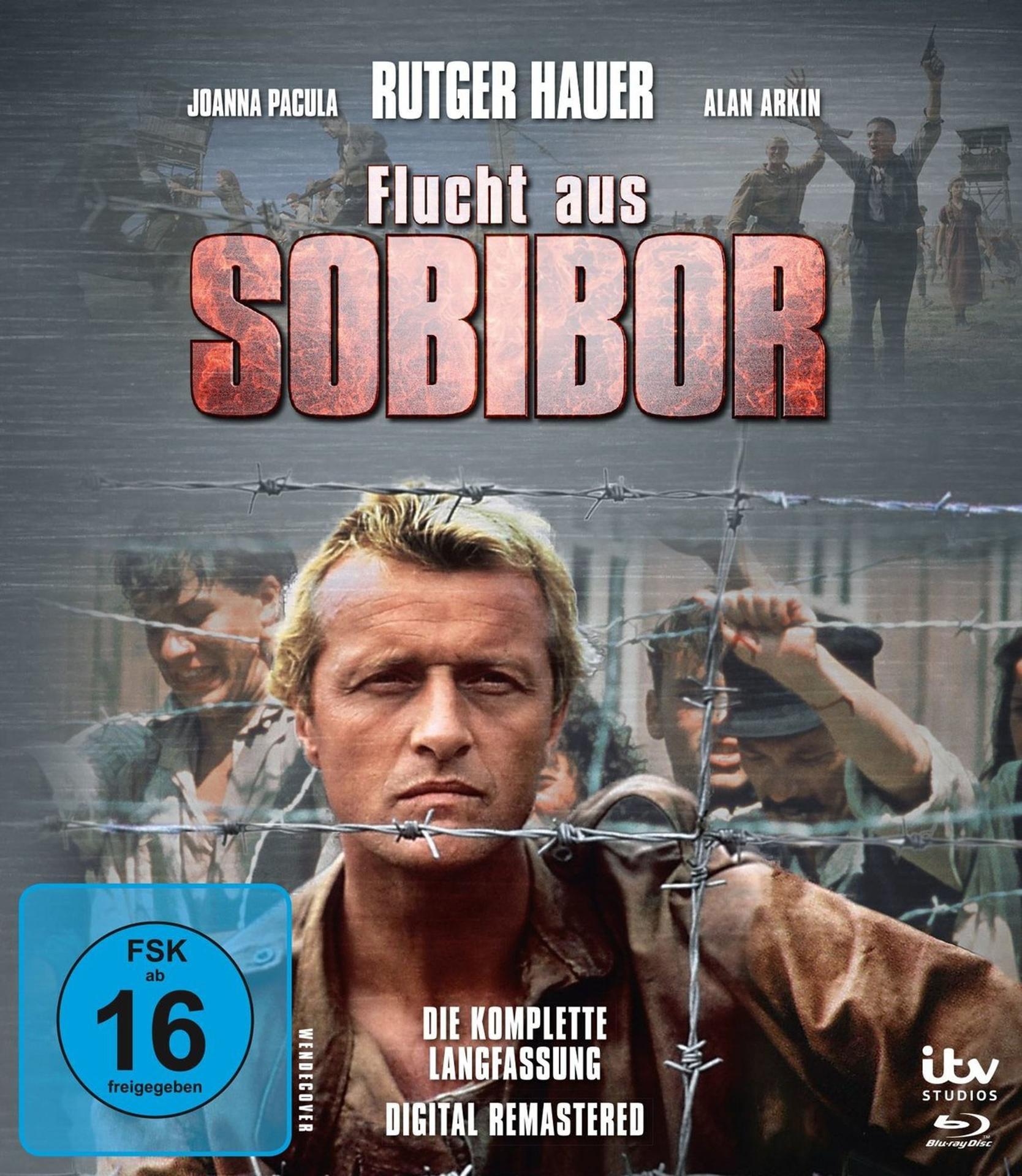Filmposter. Rutger Hauer, hinter Stacheldraht, blickt nach vorne. Titel: 'Flucht aus Sobibor'.