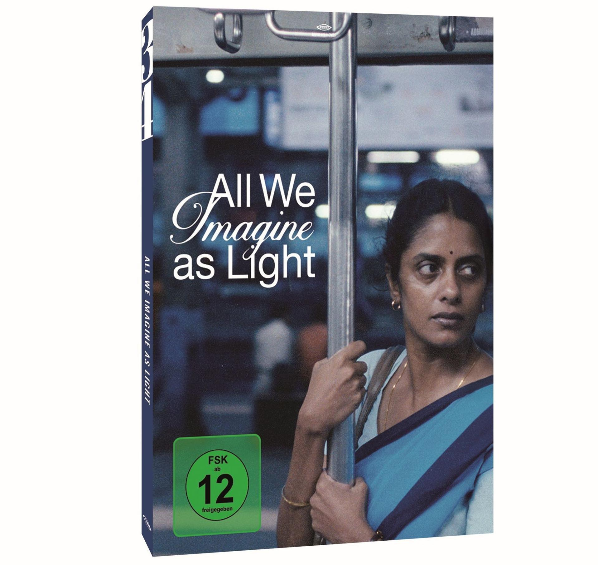 DVD-Cover für "All We Imagine as Light", eine Frau in blauem Hemd in einem Zug.