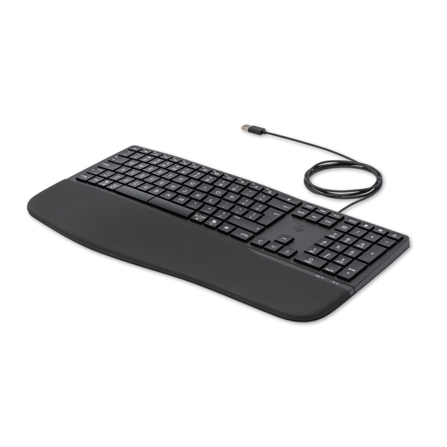 A black HP keyboard with a wrist rest and attached cable, angled on a black background. Keys are white.