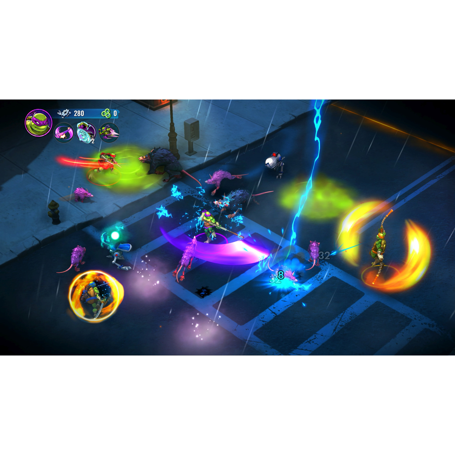 Gameplay d'un jeu Teenage Mutant Ninja Turtles. Les tortues combattent des ennemis avec des effets spéciaux sous la pluie.