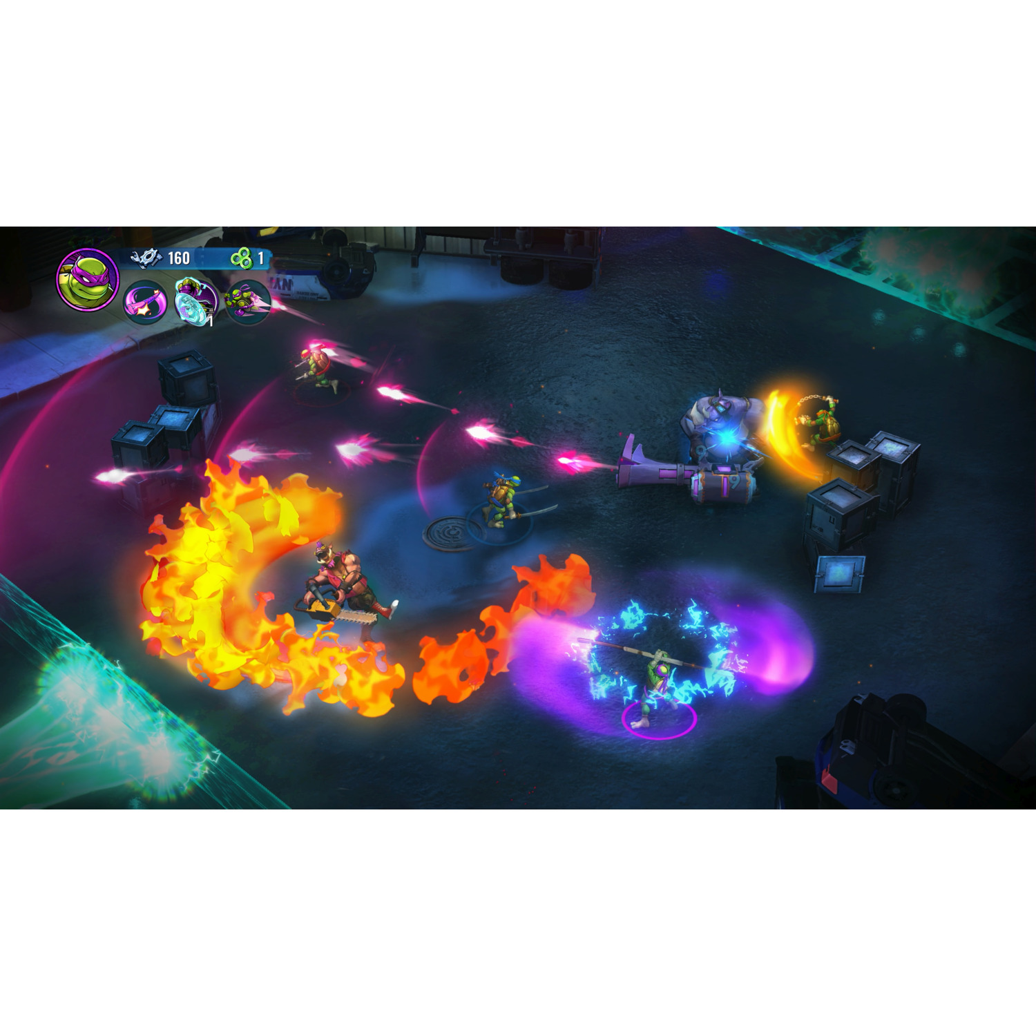 Gameplay d'un jeu Teenage Mutant Ninja Turtles. Les tortues combattent des ennemis avec des effets de feu et d'énergie.