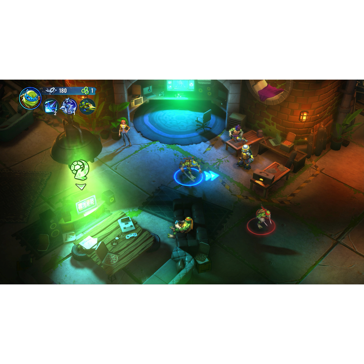 Gameplay d'un jeu Teenage Mutant Ninja Turtles. Les tortues sont dans une planque.
