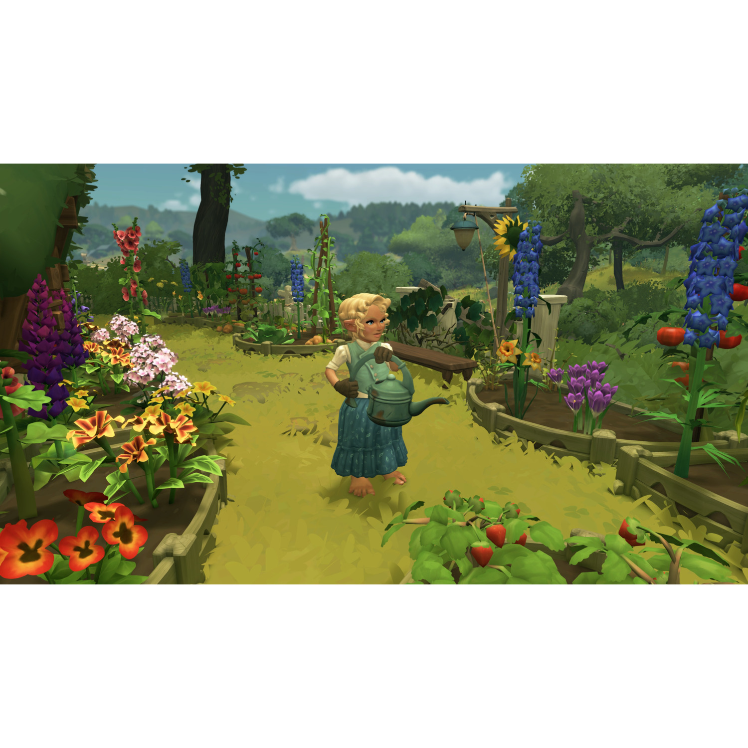 Un personnage arrose des plantes dans un jardin coloré, avec des fleurs et des légumes dans la scène.