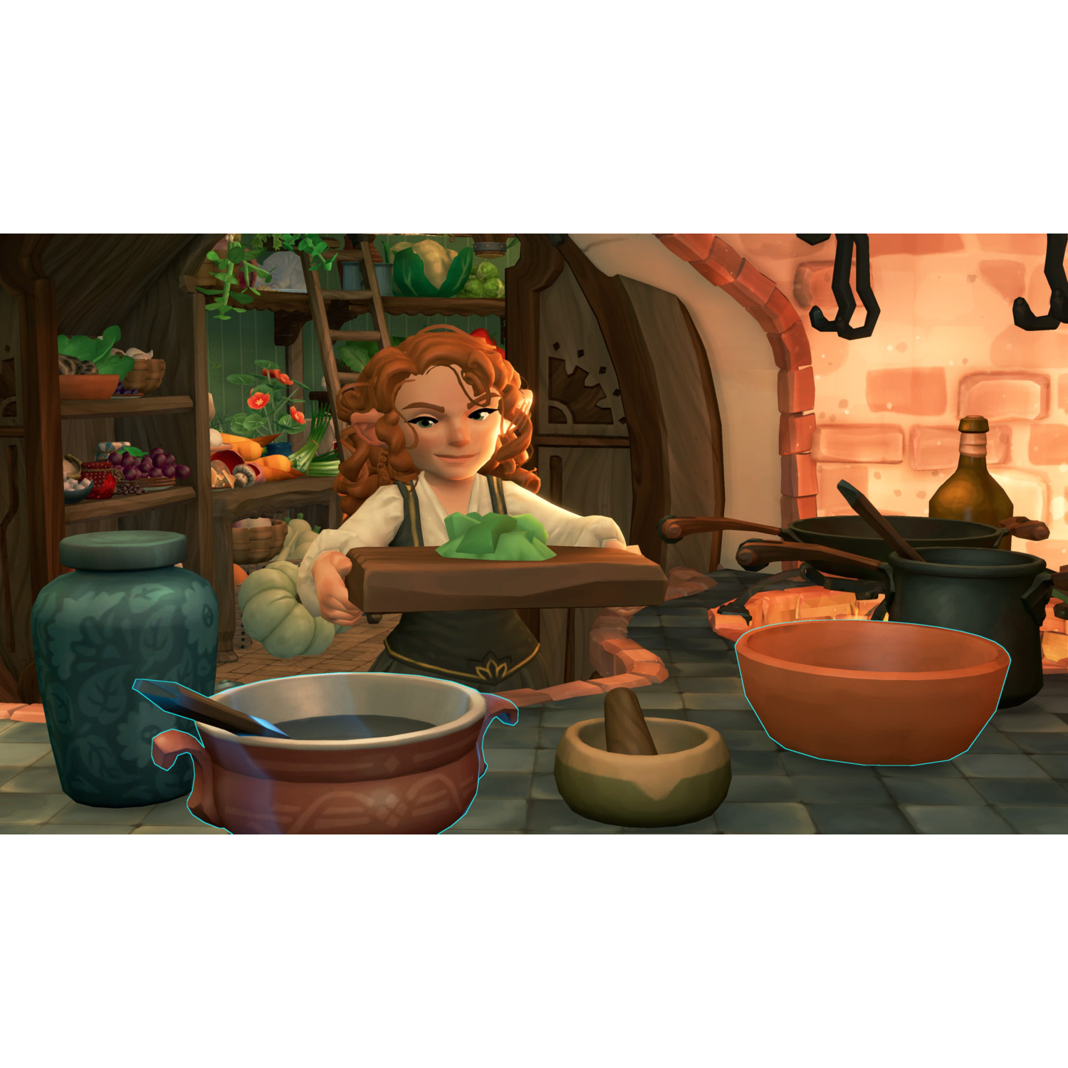 Un personnage hobbit dans une cuisine avec des casseroles, des poêles et des ingrédients, tenant une planche de bois.