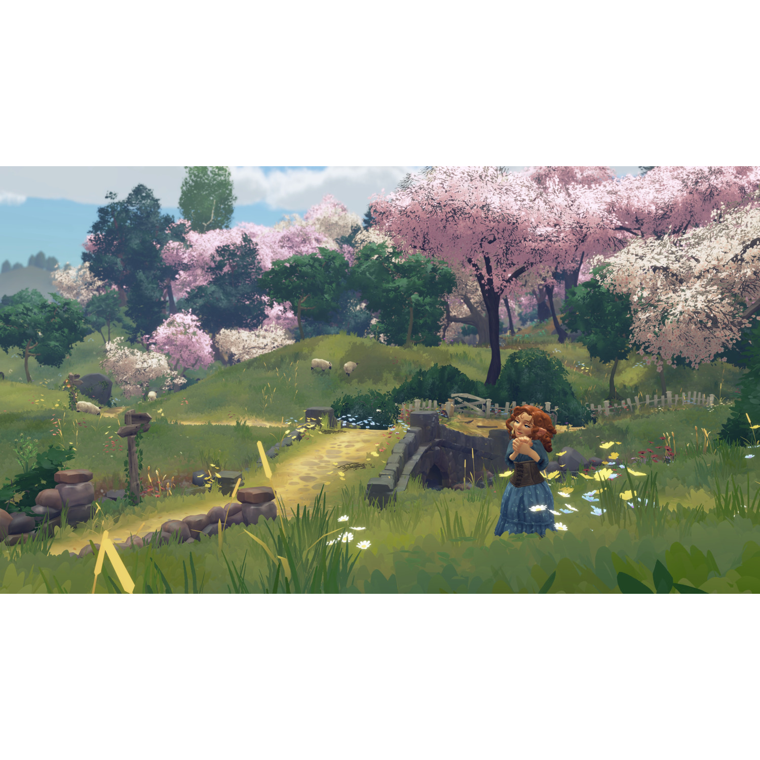 Une scène avec deux personnages, deux moutons et un pont dans un champ avec des arbres et des fleurs.
