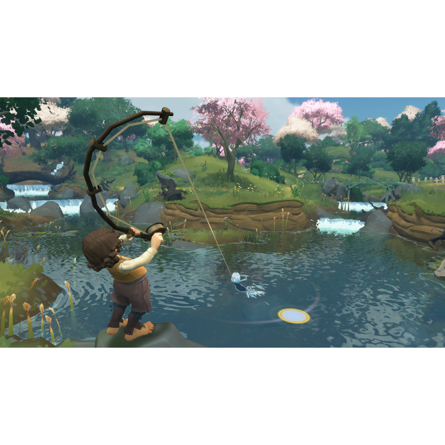 Een hobbit vist in een rivier. Roze en groene bomen op de achtergrond. Een heldere hemel erboven.