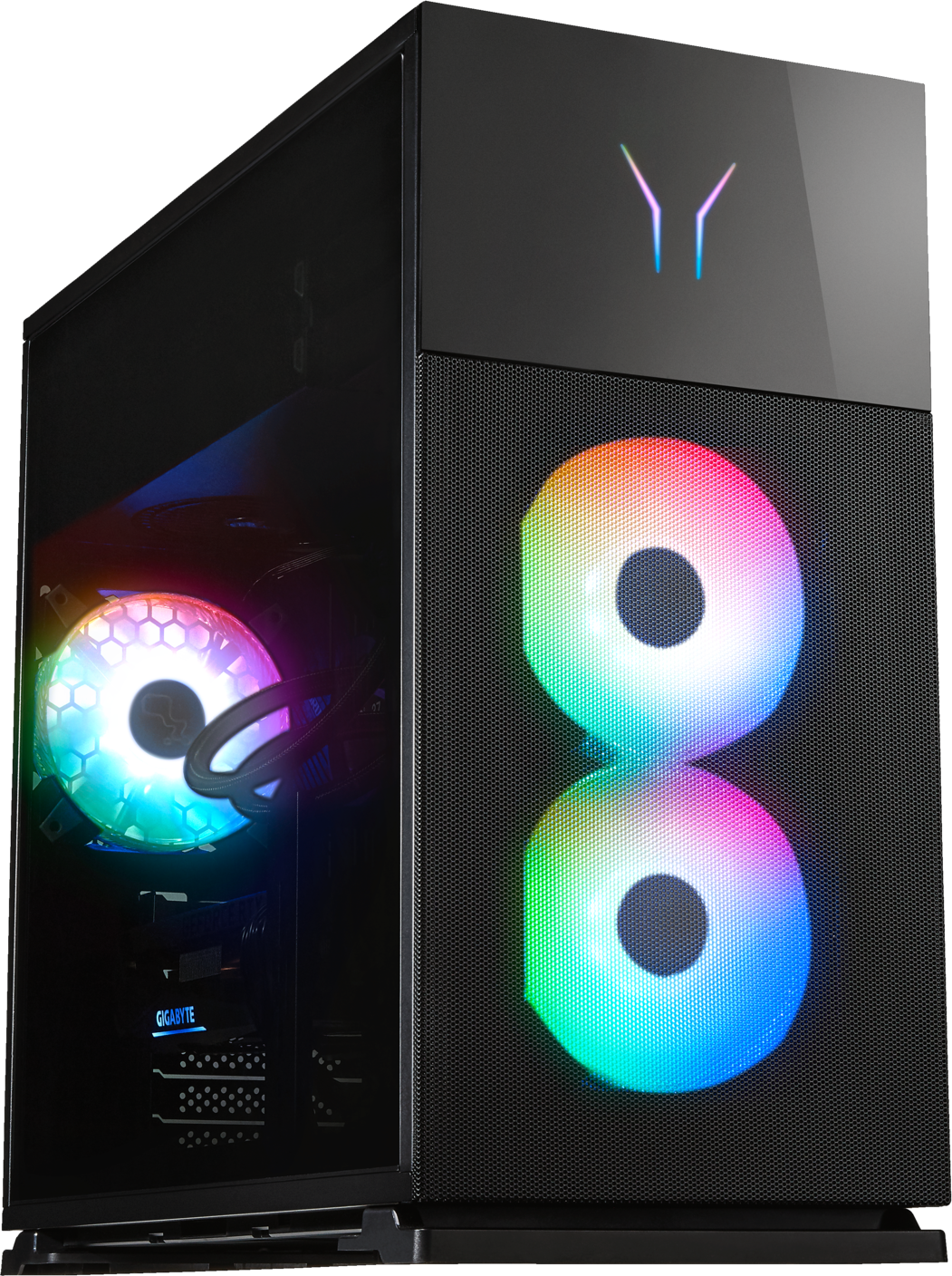 Un case per computer nero con due ventole illuminate. Le ventole mostrano colori arcobaleno. Il case ha un lato in vetro.