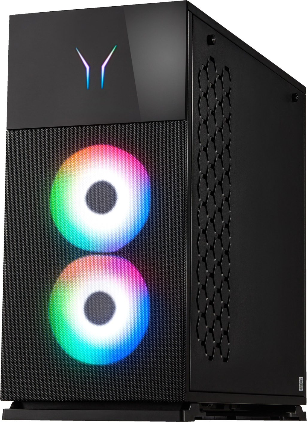 Un case per computer nero con due ventole illuminate. Le ventole mostrano colori arcobaleno. Il case ha un frontale a rete.