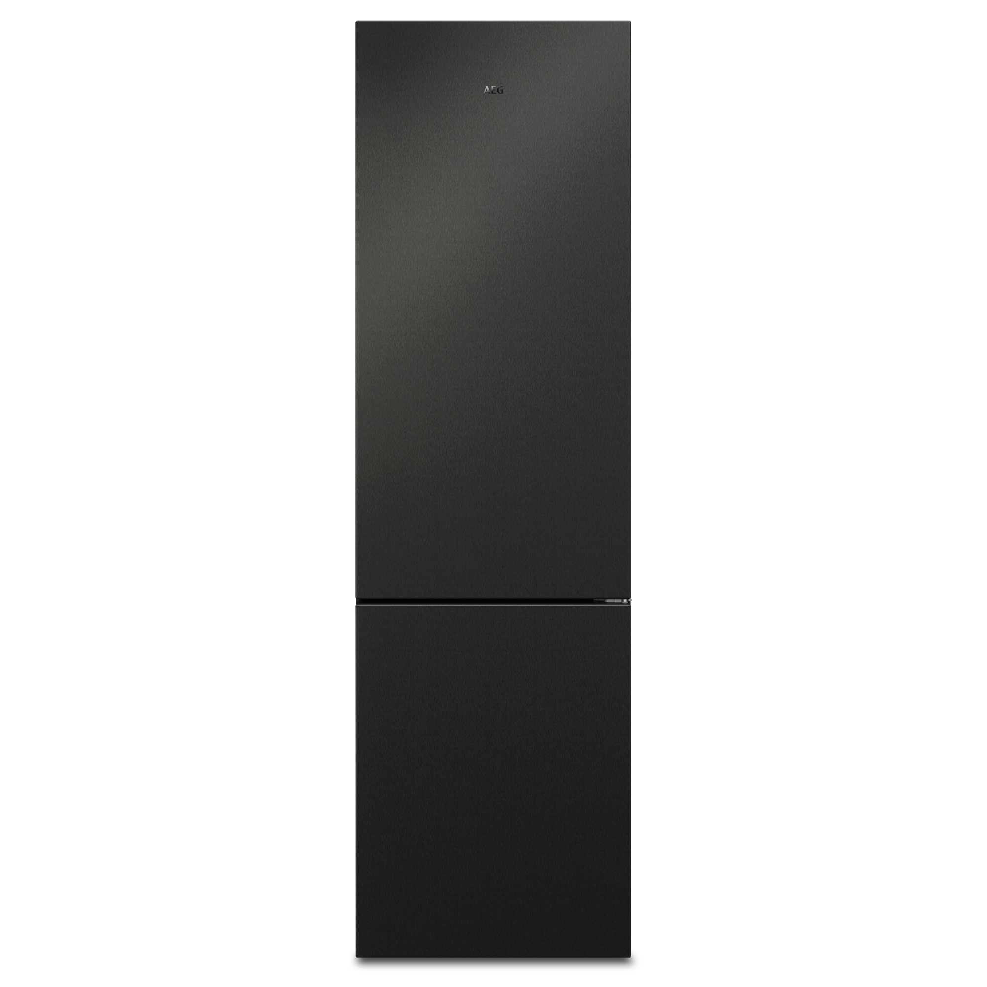Ein schwarzer Kühlschrank mit zweitürigem Design, beide Türen geschlossen.