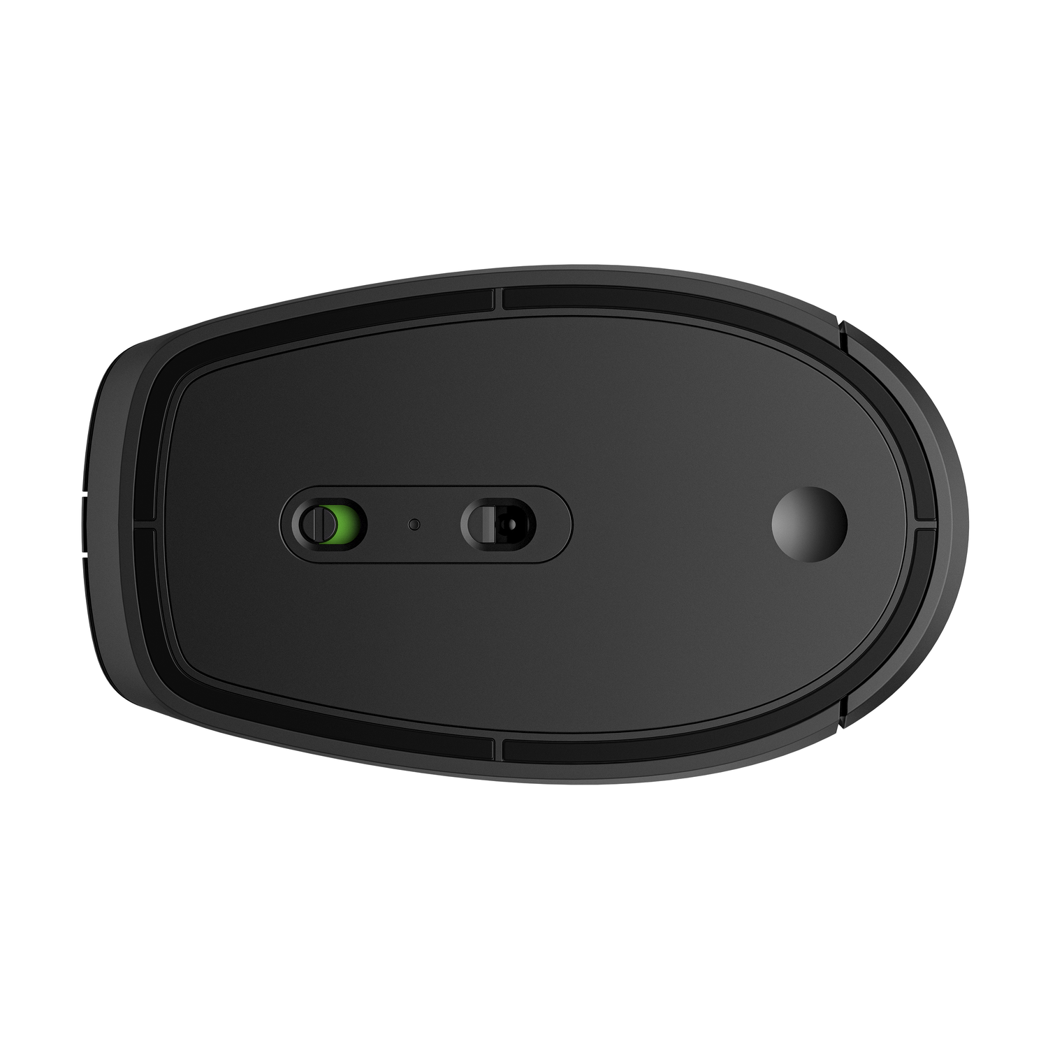 Bottom view of a black HP mouse, showing the on/off switch and sensor.
