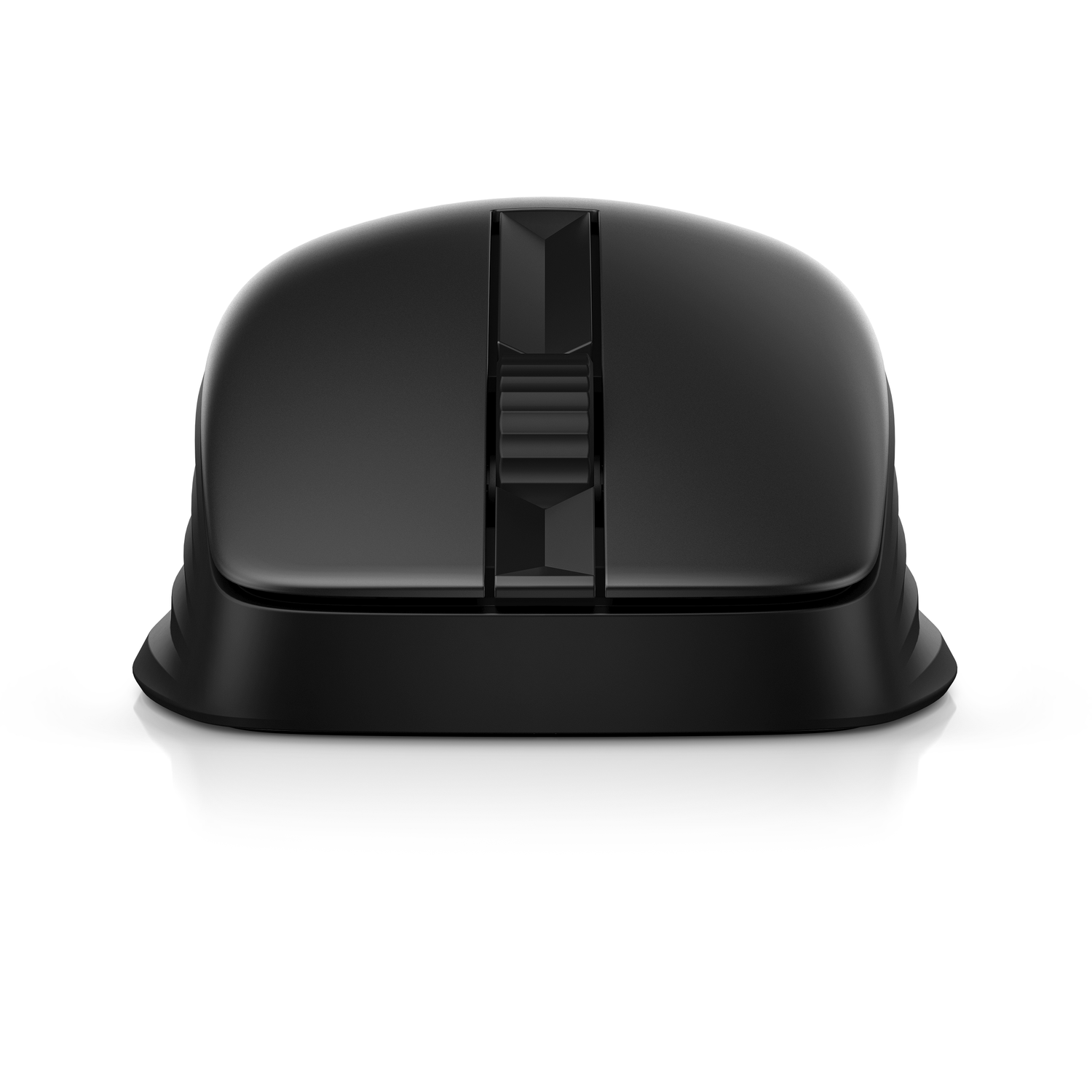 Front view of a black HP mouse with a ridged scroll wheel.