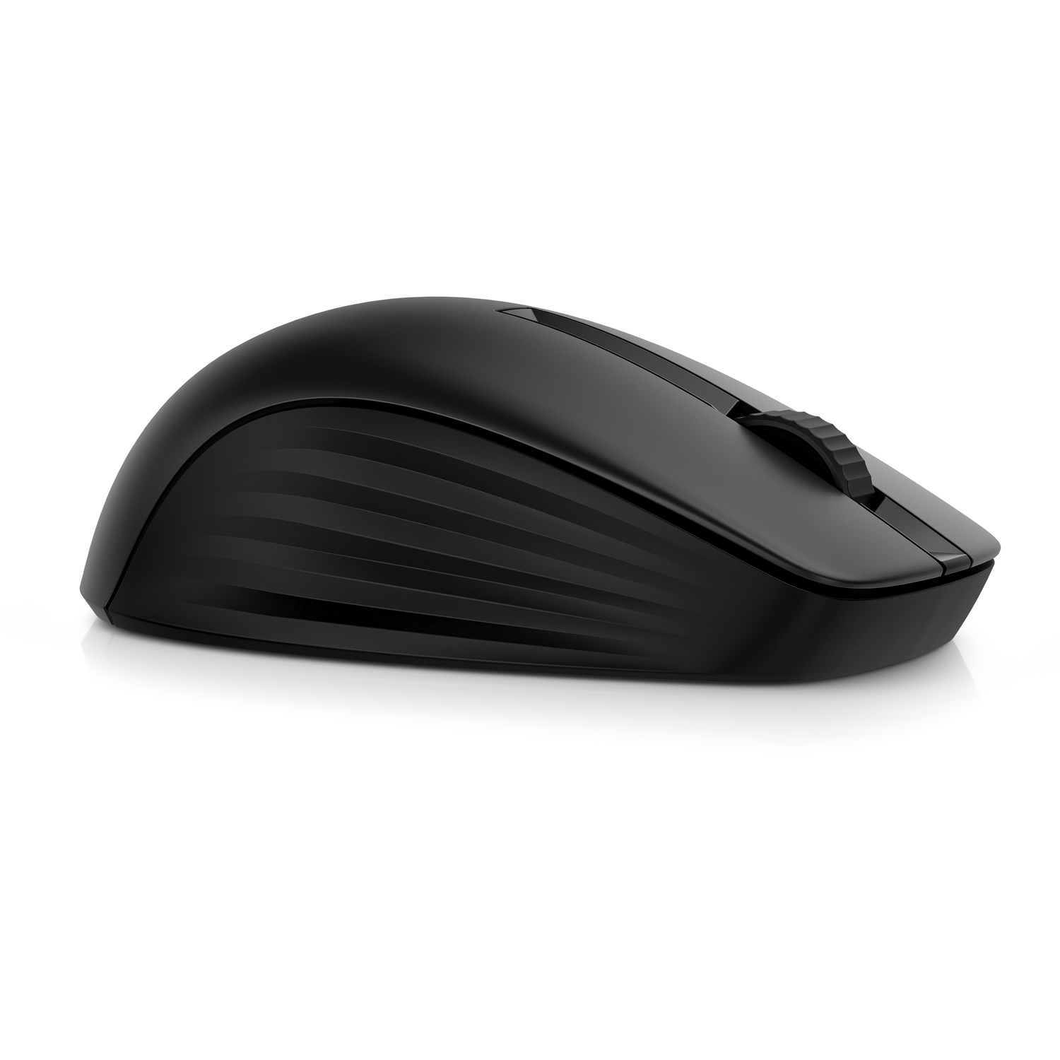 Side view of a black HP mouse with a ridged scroll wheel.