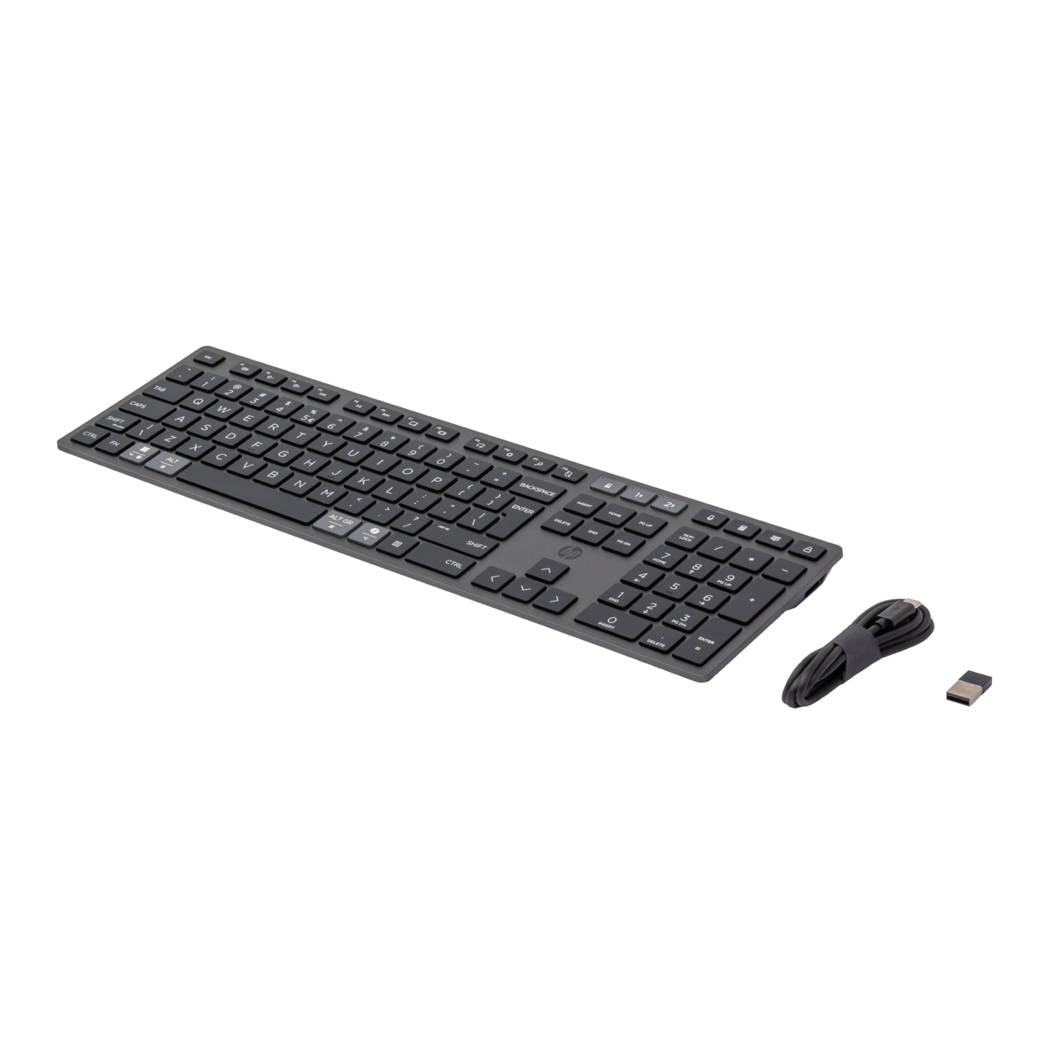 Zwart HP-toetsenbord met een USB-C-kabel en een draadloze ontvanger.