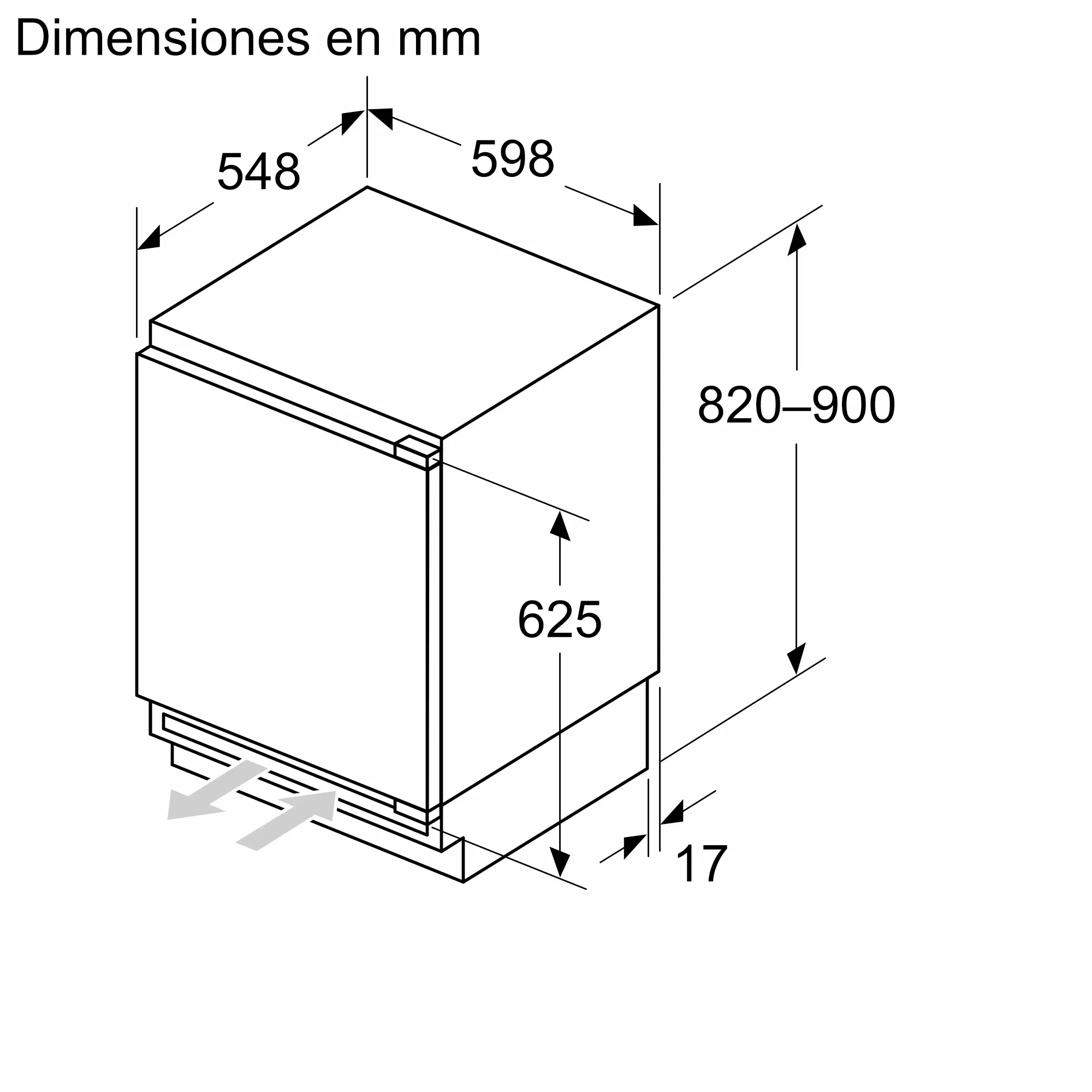 Un diagrama que muestra las dimensiones del refrigerador en milímetros.