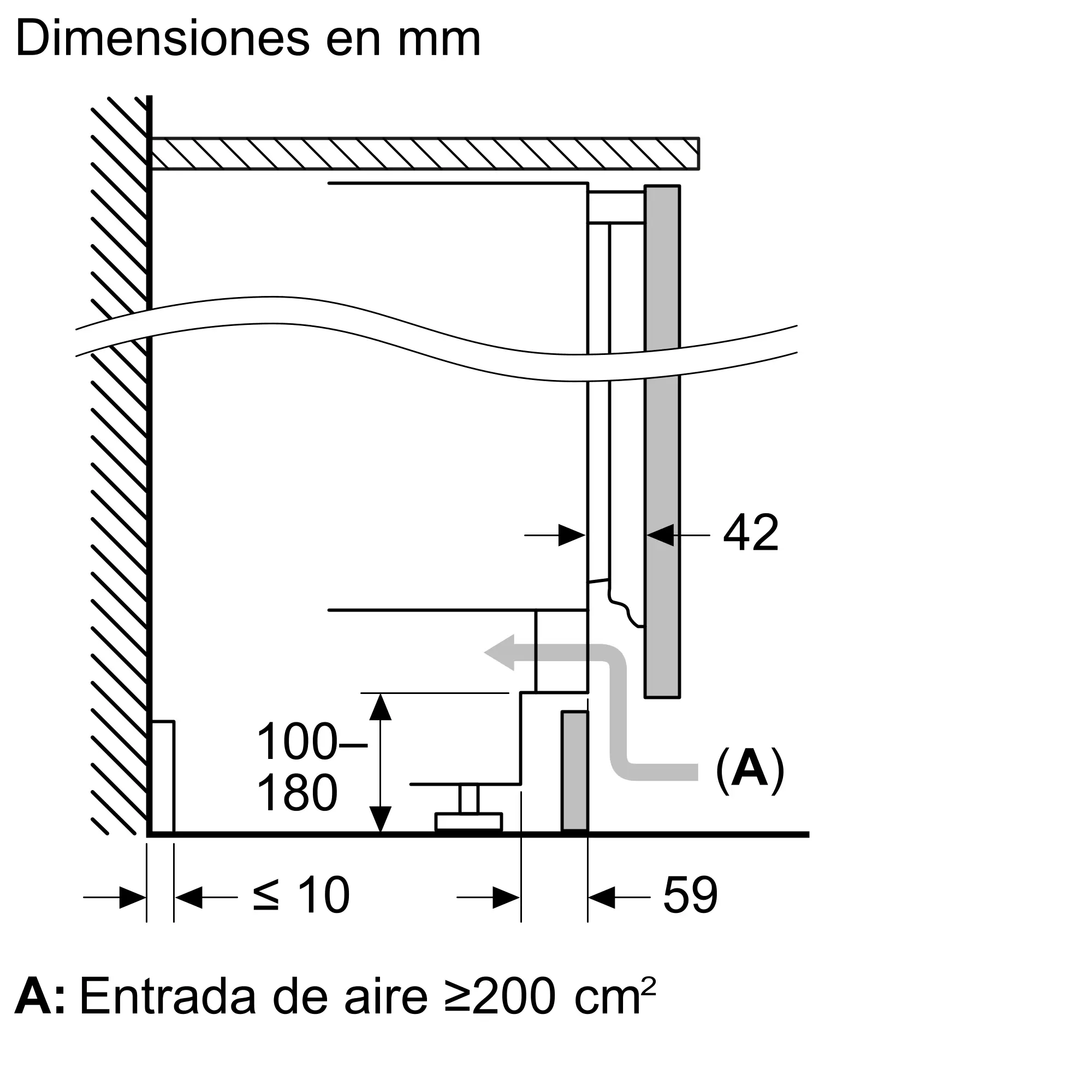 Diagrama que muestra las dimensiones de la entrada de aire del refrigerador.