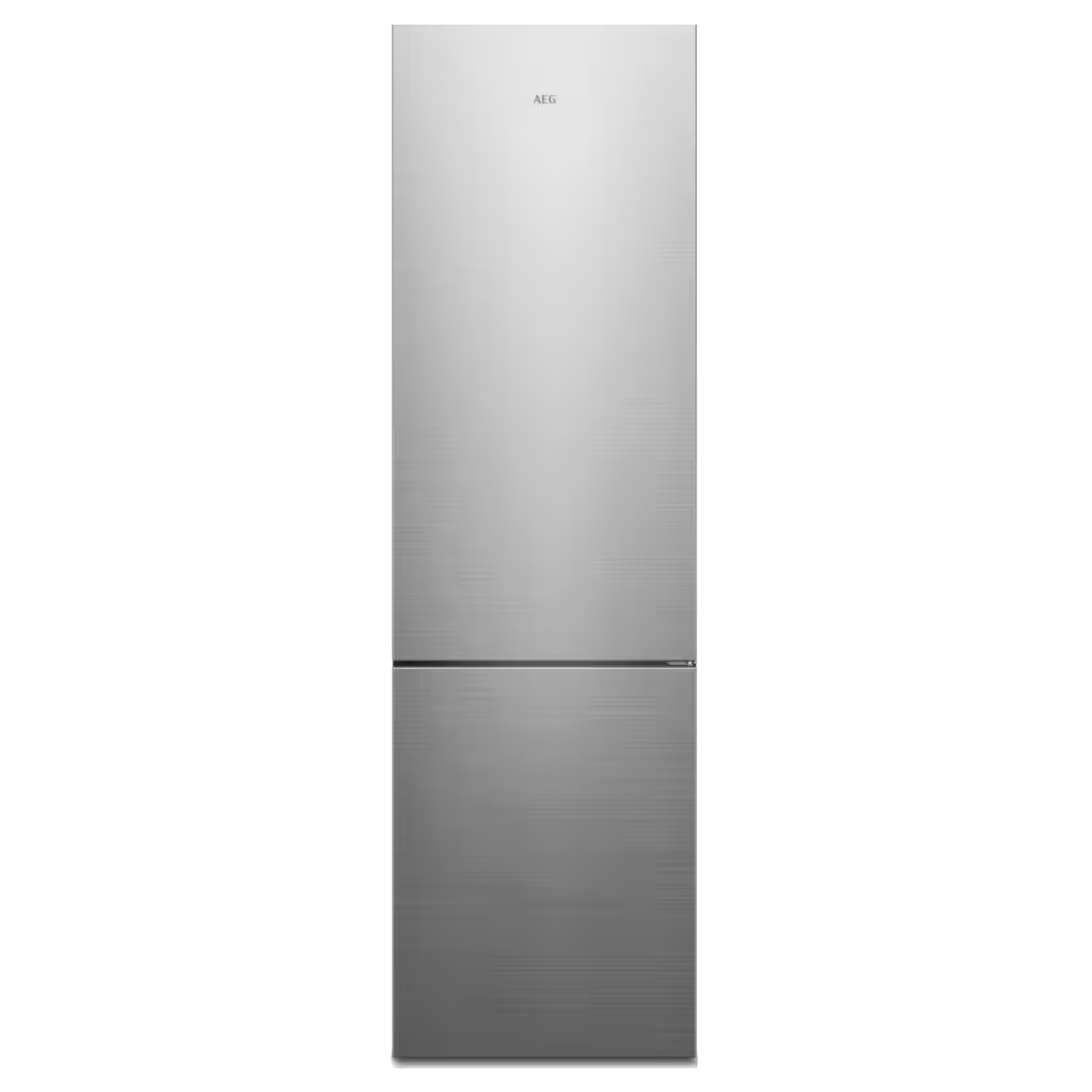 Ein hoher, silberner Kühlschrank mit Gefrierfach unten.