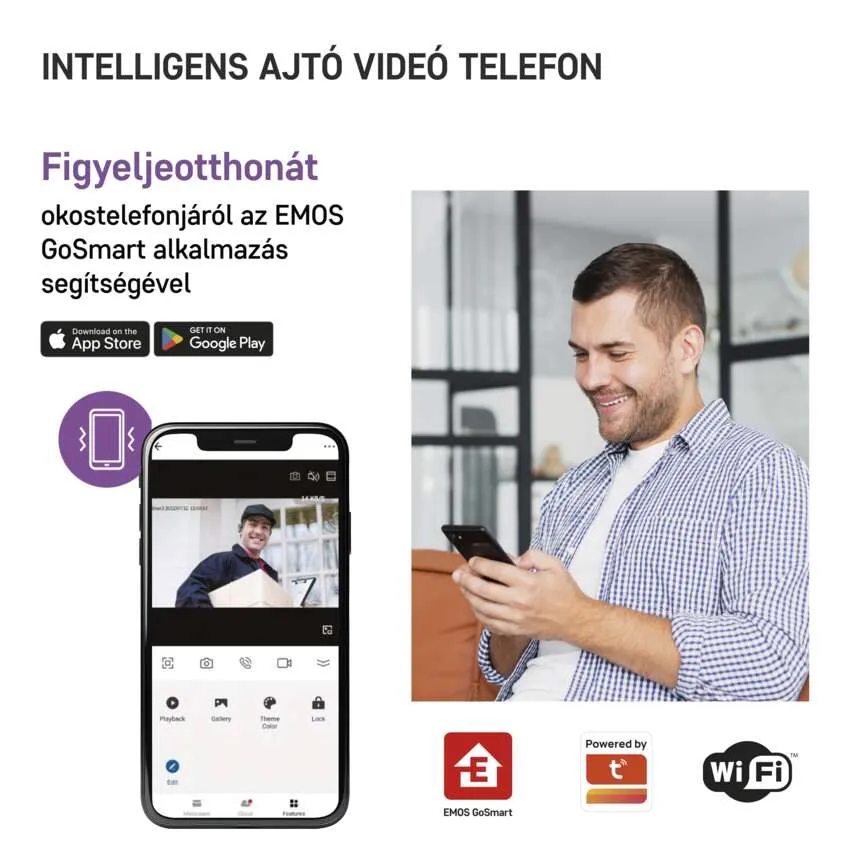 Egy férfi okostelefonnal felügyeli a videó kaputelefon rendszert, alkalmazás ikonokkal.