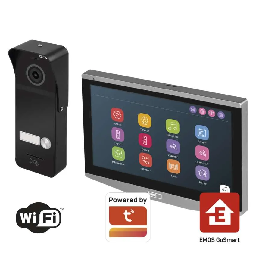 Videó kaputelefon rendszer monitorral, kaputelefonnal és Wi-Fi kapcsolattal, app logókkal.