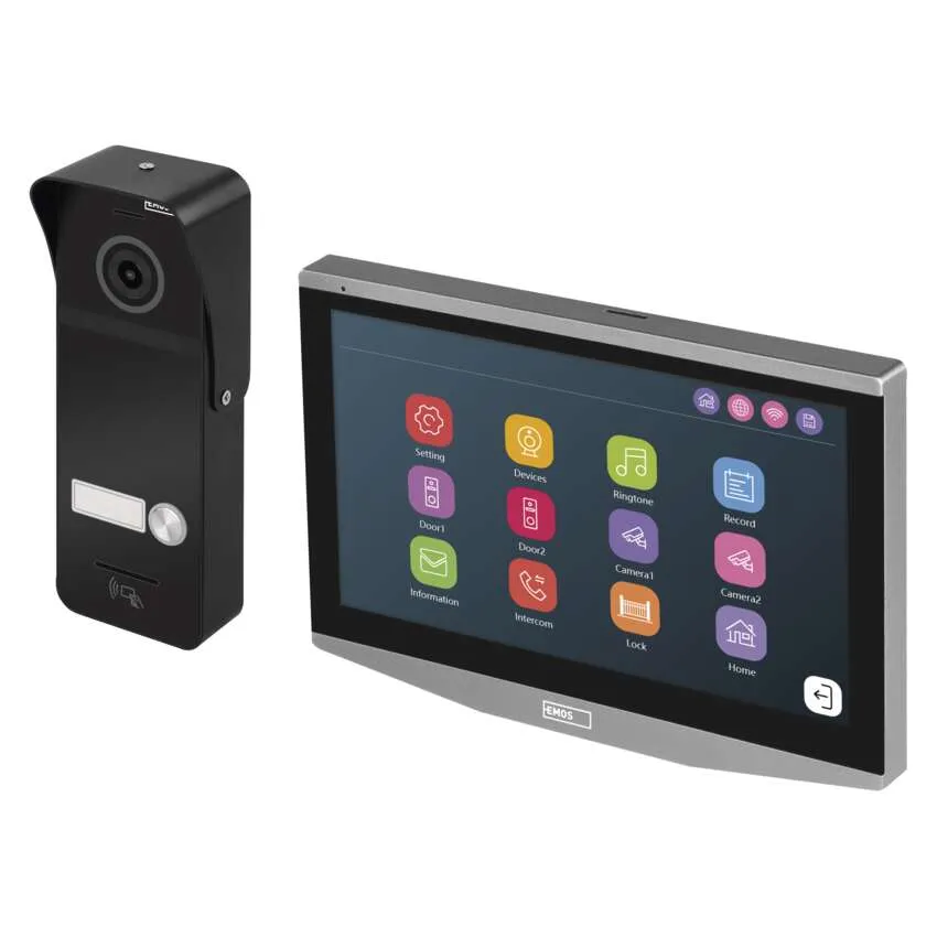 Videó kaputelefon rendszer monitor felülettel és kaputelefonnal, alkalmazás ikonokat mutatva.