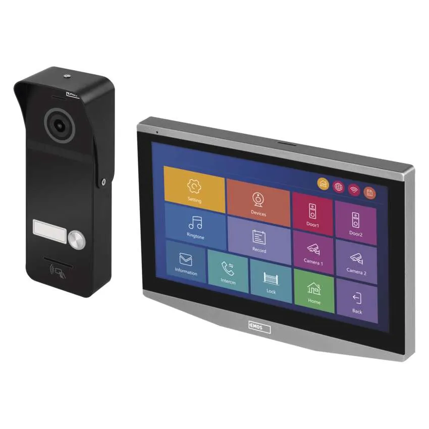 Videó kaputelefon rendszer monitor felülettel és kaputelefonnal, alkalmazás ikonokat mutatva.