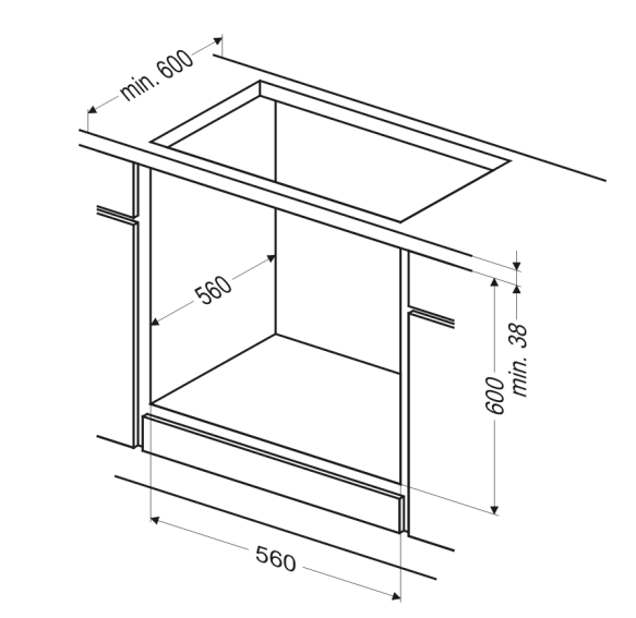 Egy diagram beépített főzőlap helyének méreteit mutatja.