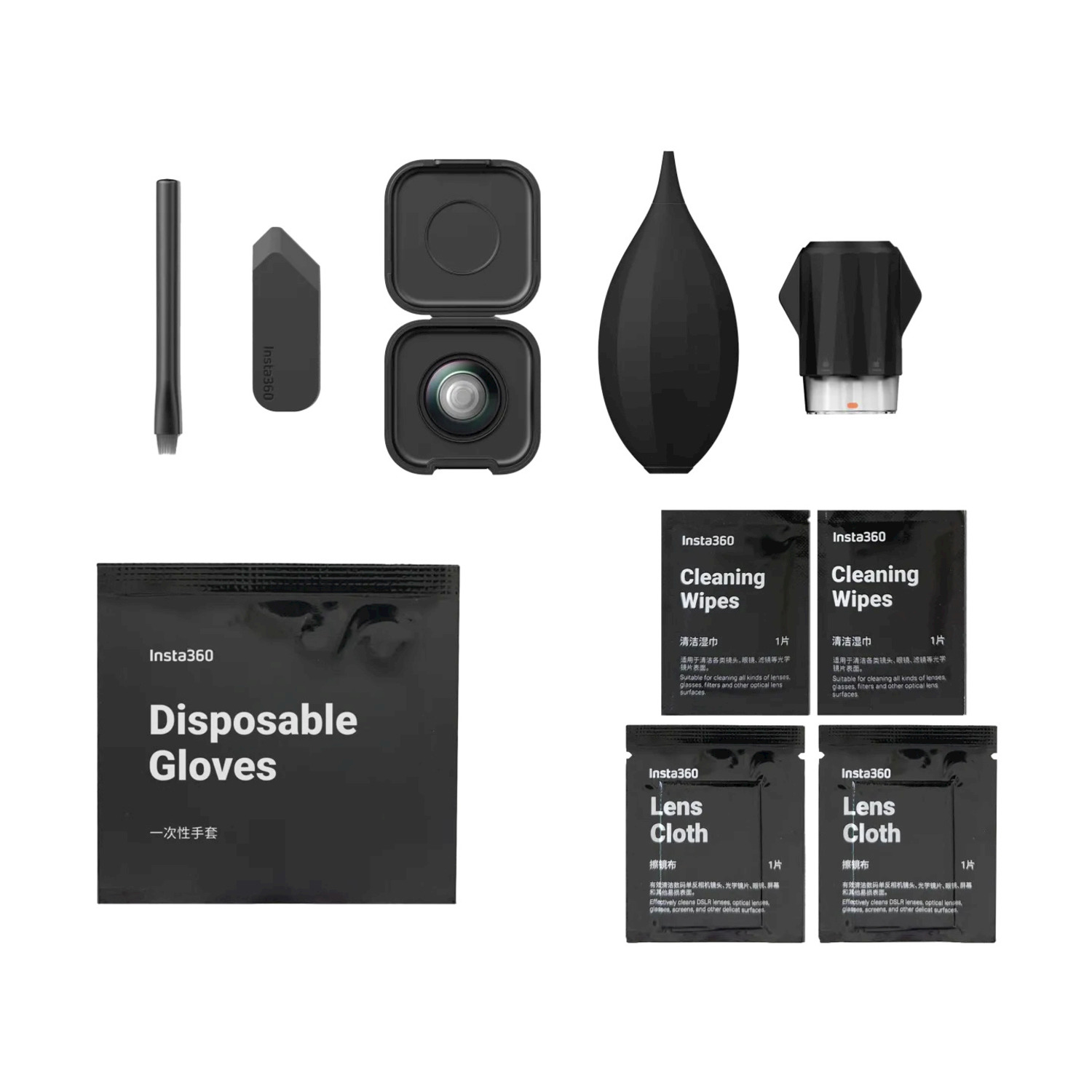 Kit di pulizia per fotocamera Insta360 con vari strumenti e salviette.