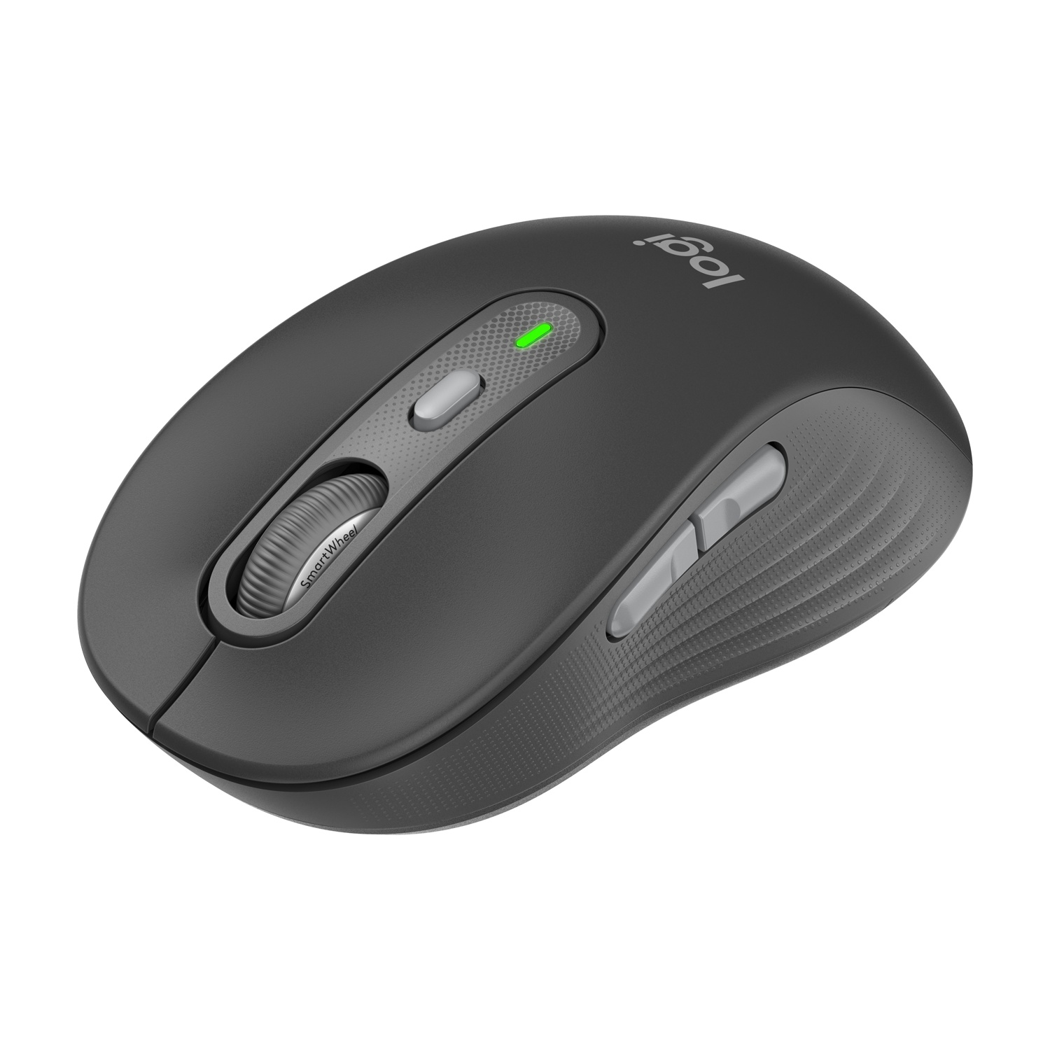 Mouse wireless Logi, grigio scuro, con rotella, pulsanti e indicatore luminoso verde.