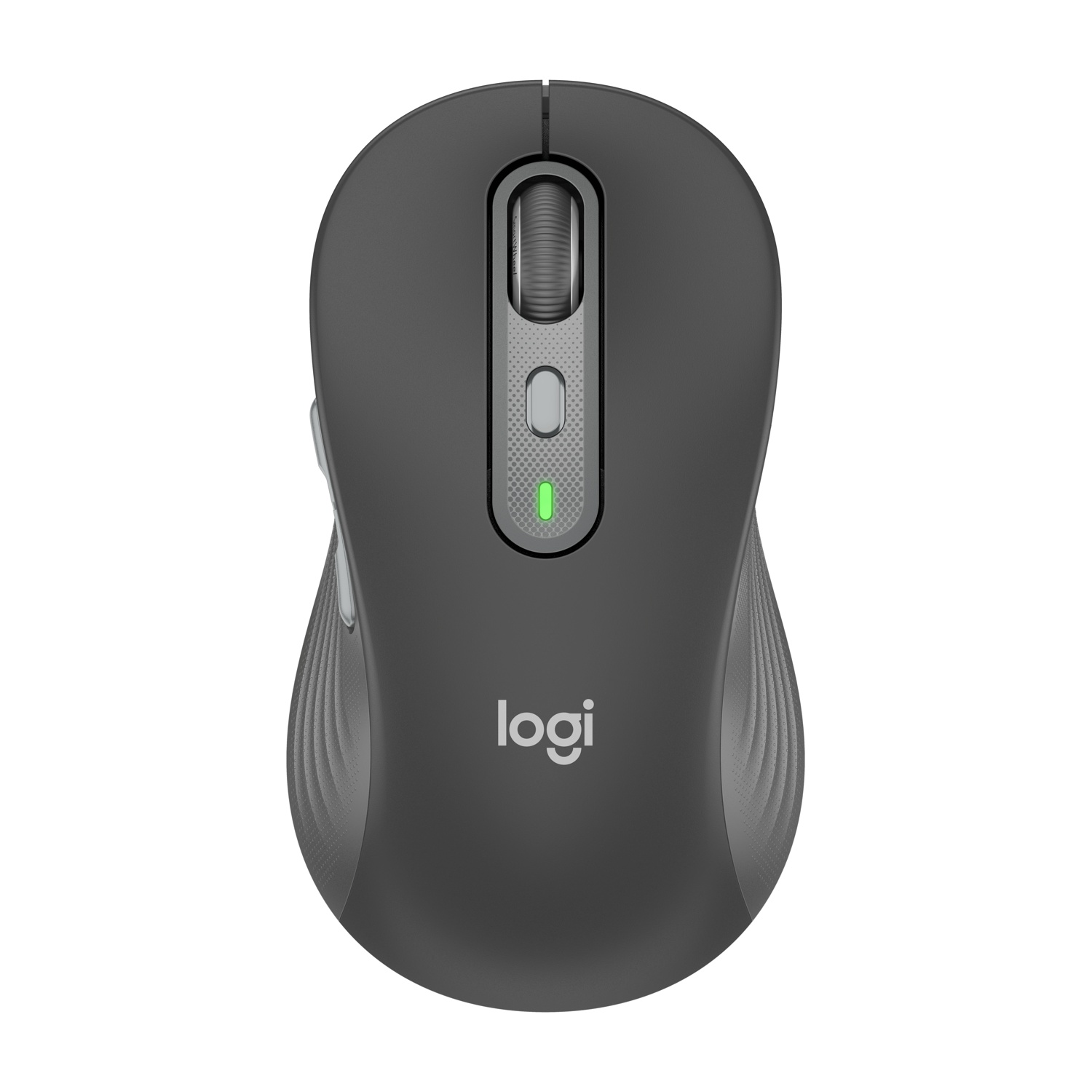 Mouse wireless Logi, grigio scuro, con rotella, pulsanti e indicatore luminoso verde.