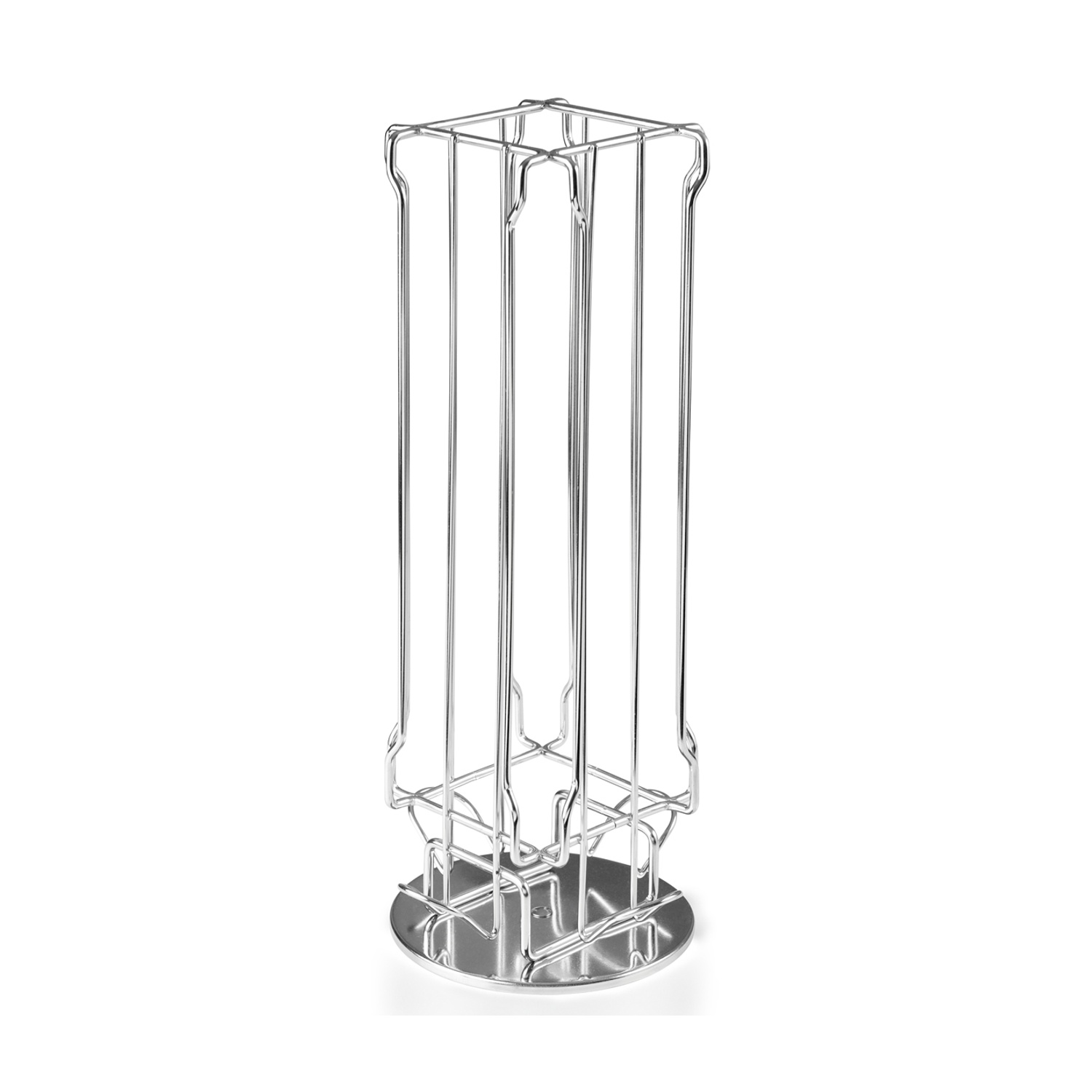Porta capsule per caffè argentato, vuoto, con forma quadrata e linee verticali.