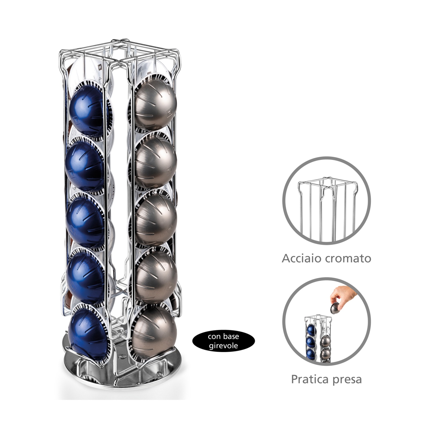 Un porta capsule cromato con cialde blu e argento su sfondo bianco.