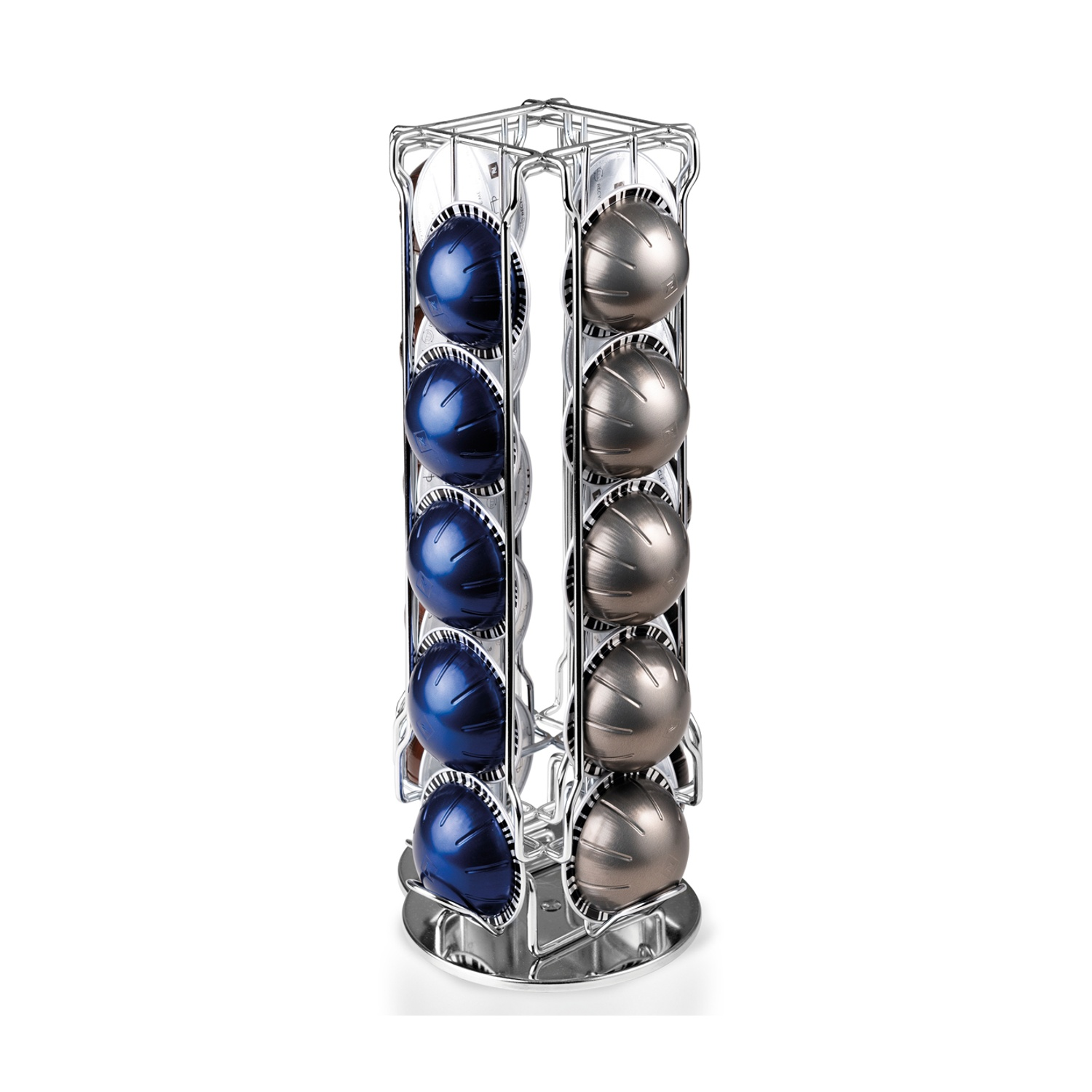 Un porta capsule cromato con cialde blu e argento su sfondo bianco.
