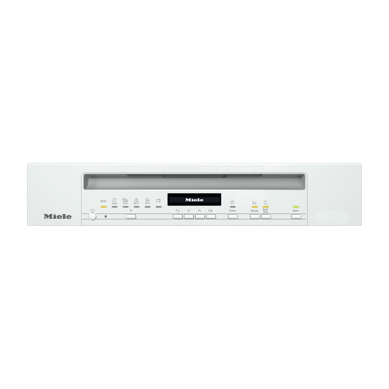 Pannello frontale bianco lavastoviglie Miele con pulsanti di controllo. Logo Miele nero.