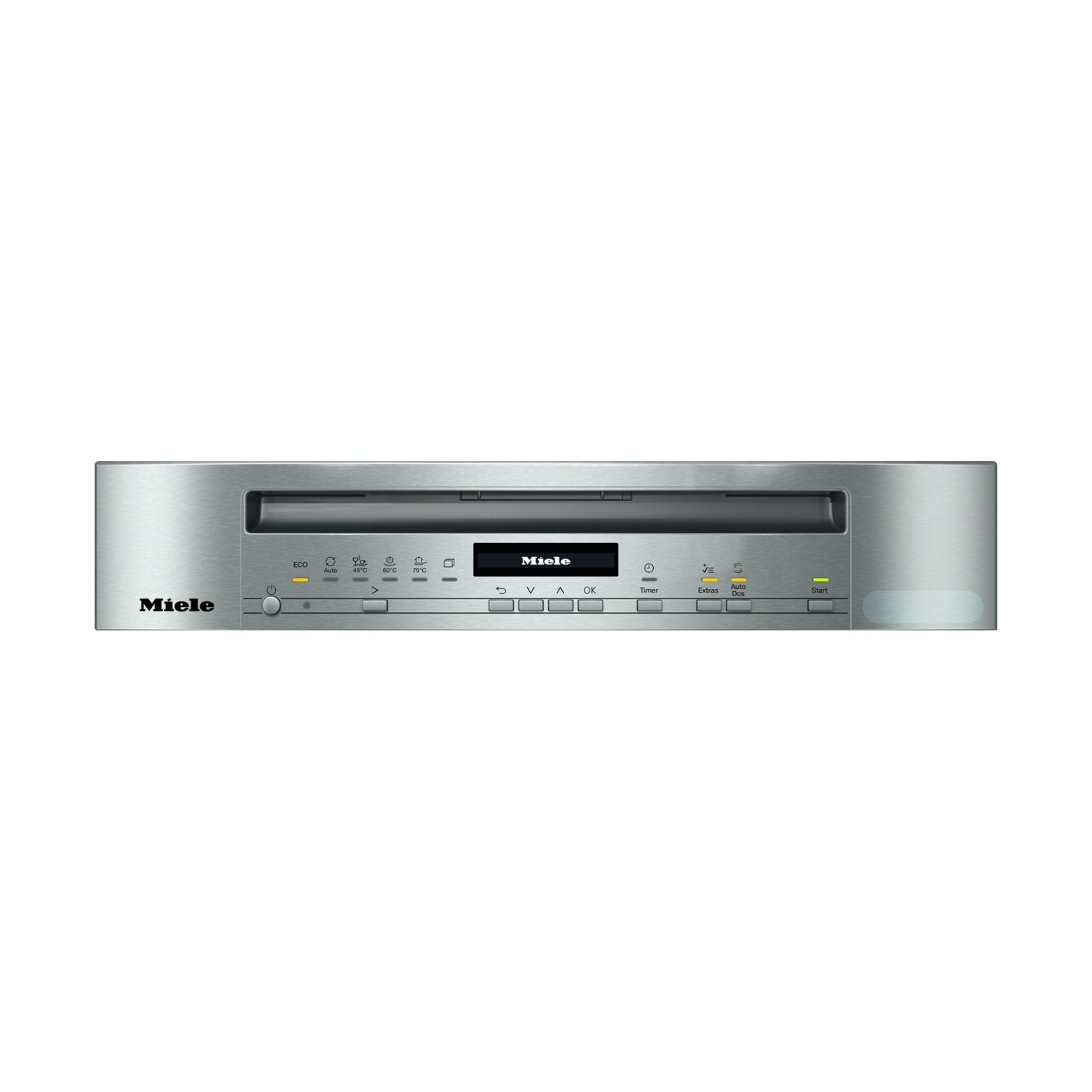 Pannello lavastoviglie Miele in acciaio inox con pulsanti di controllo e display. Logo Miele.