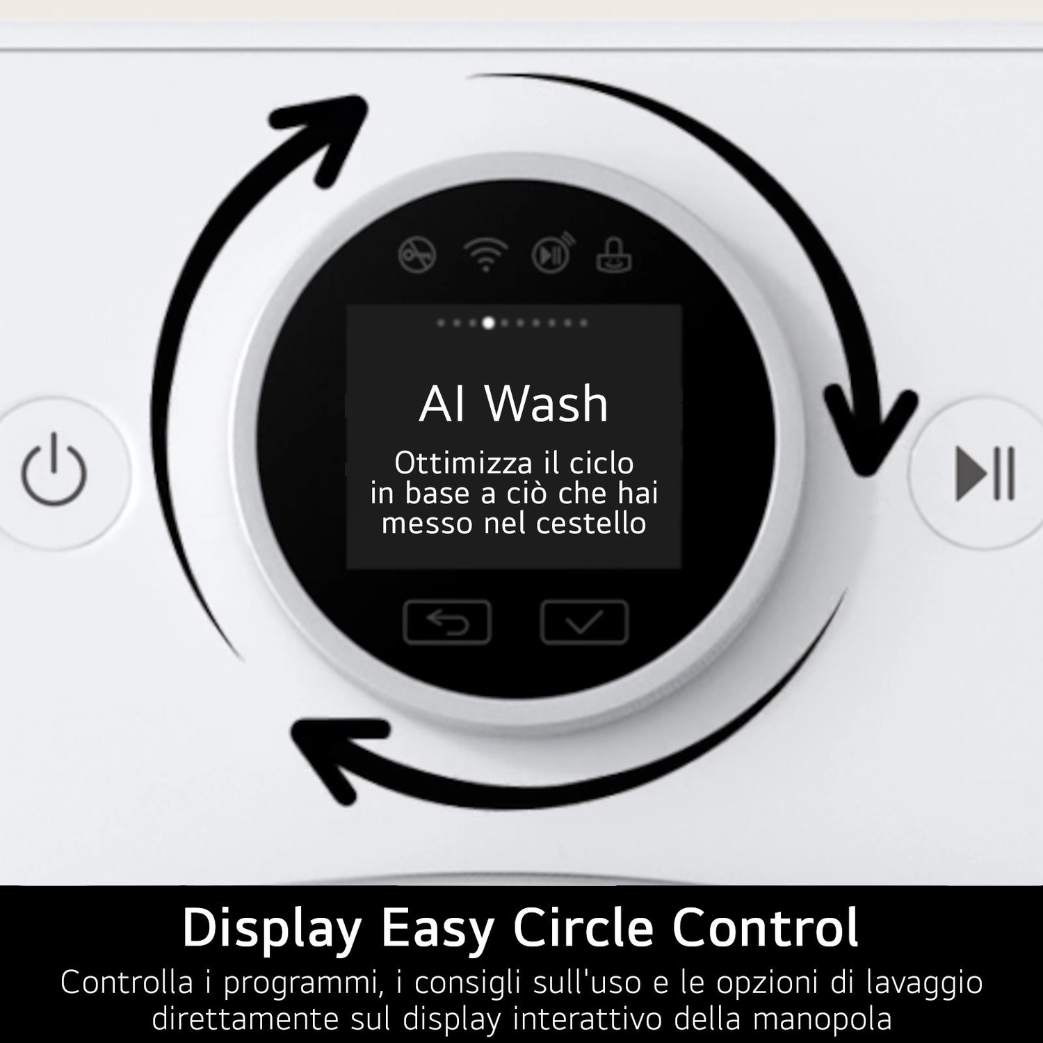 Pannello di controllo della lavatrice con un display circolare che mostra le impostazioni Al Wash.
