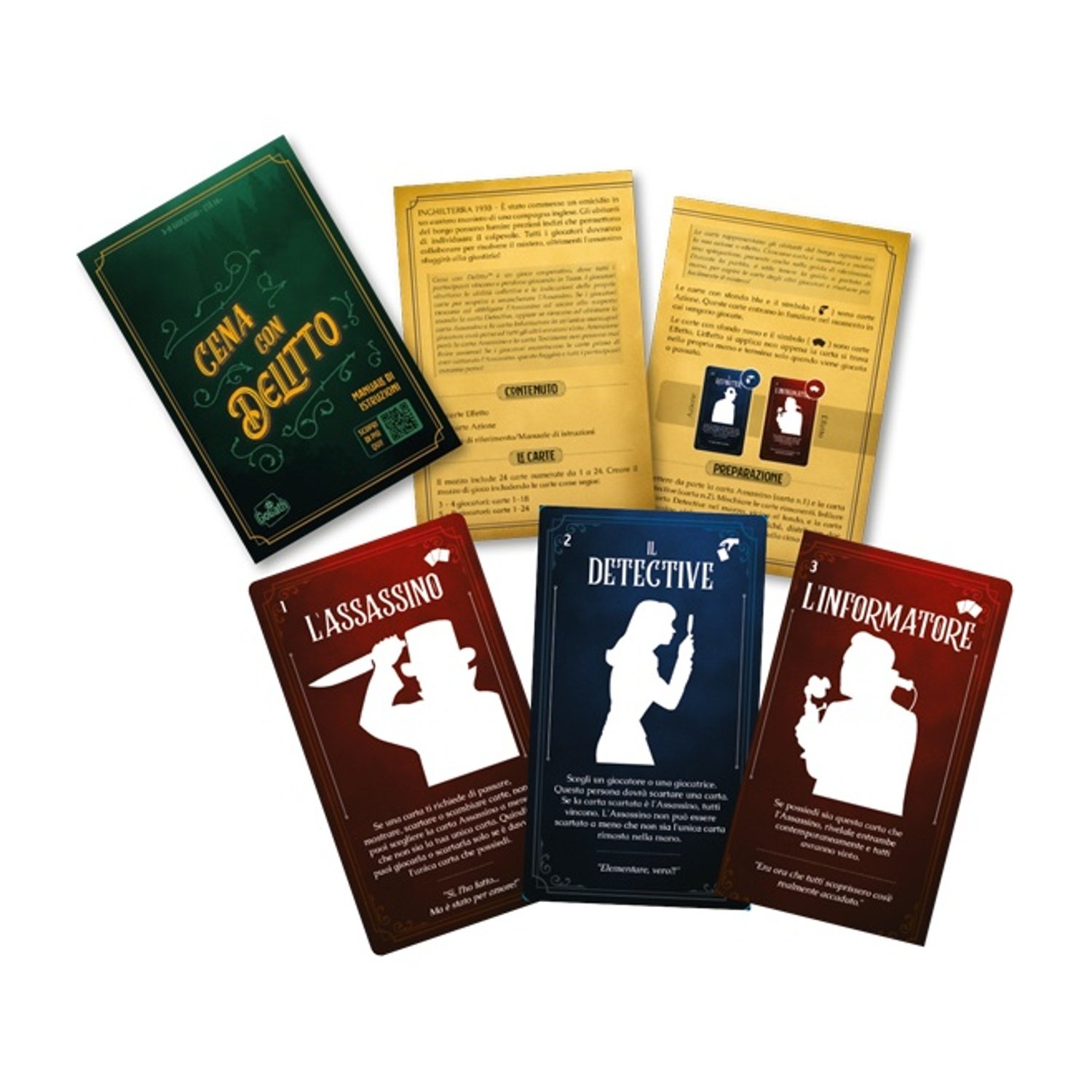 Carte e istruzioni del gioco di carte 'Cena Con Delitto' in italiano.