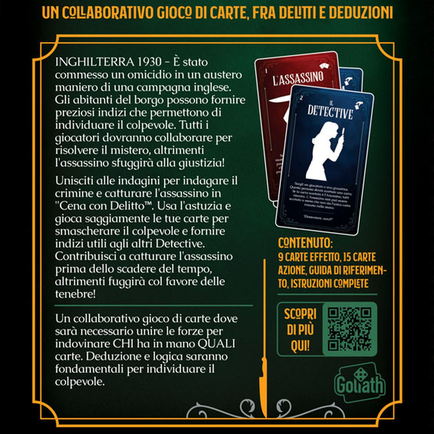 Istruzioni e layout del gioco di carte per Cena Con Delitto, un gioco italiano.